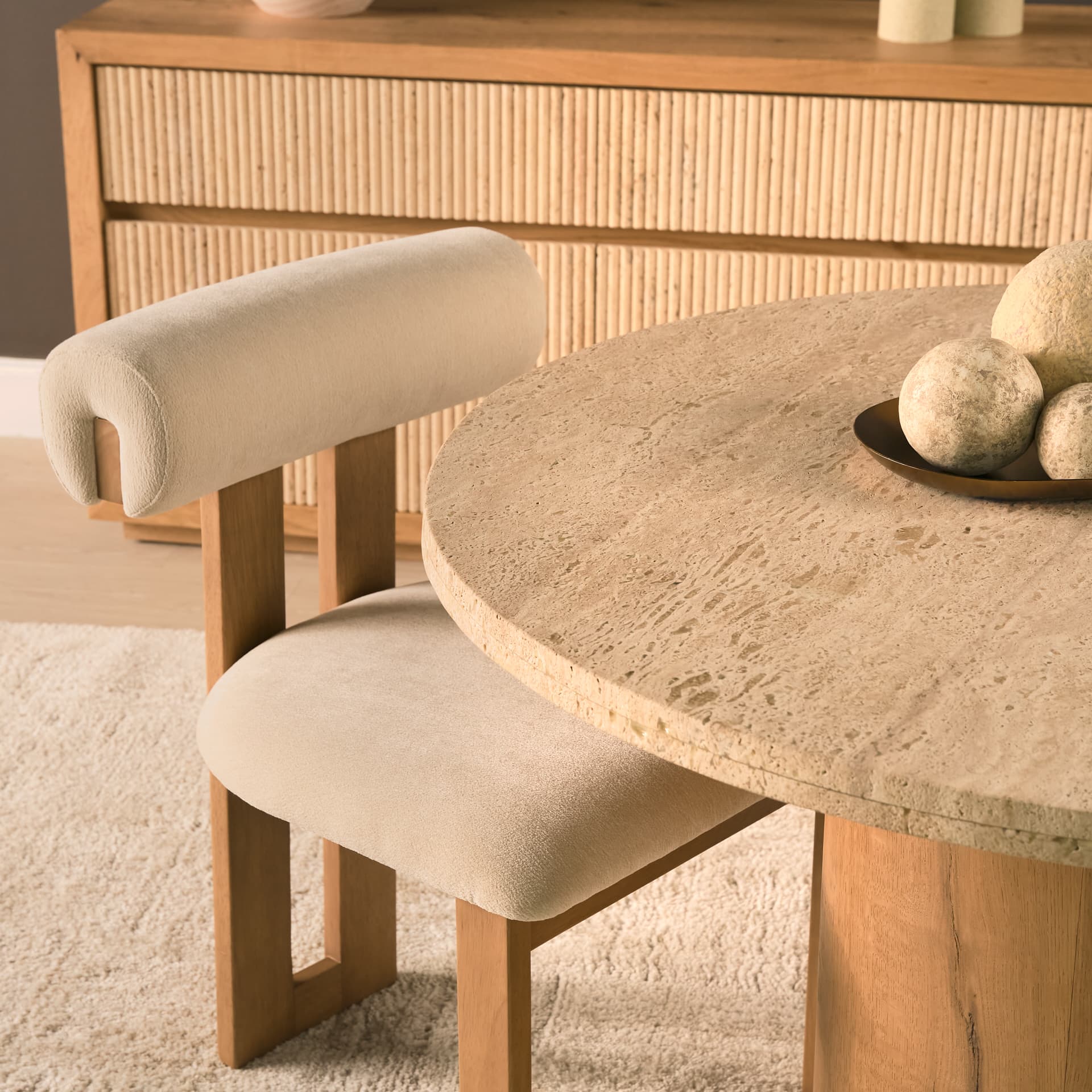 Tribeca Open Back Dining Side Chair | Cream Chenille w/ Brown Wood — product photograph