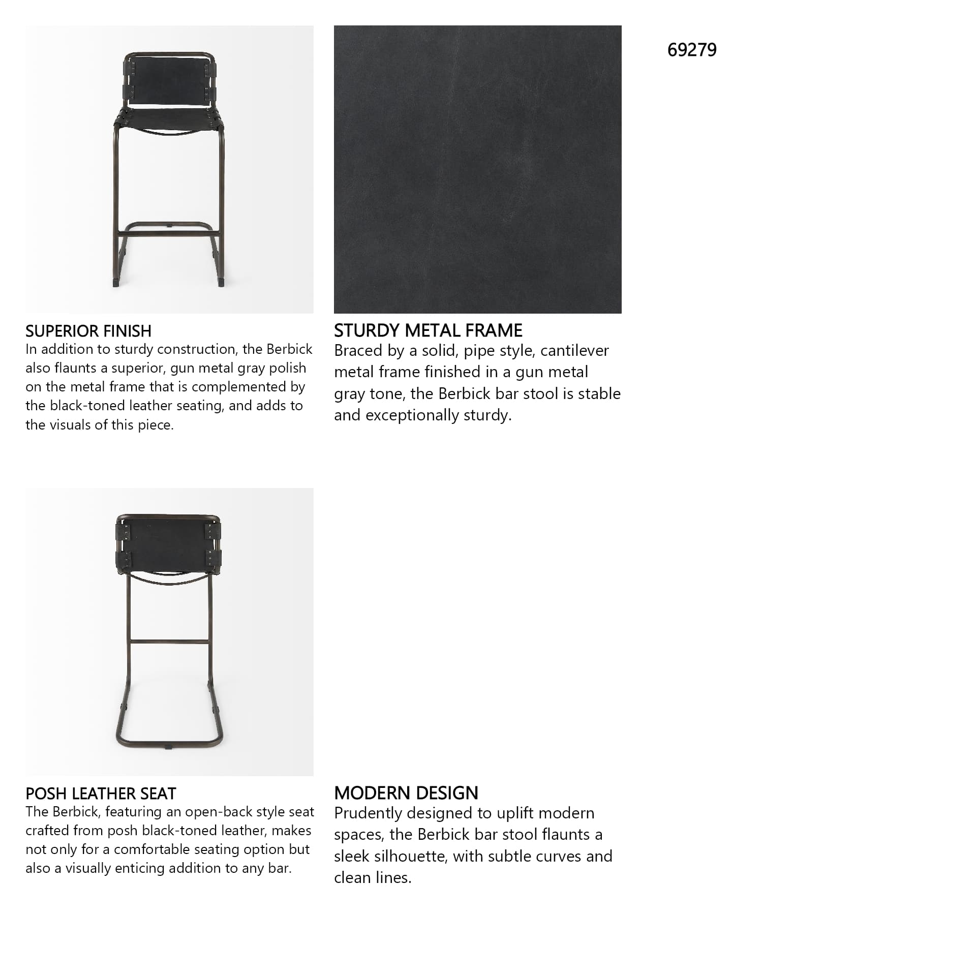 Berbick Low Back 26in Seat Counter Stool | Black Leather w/ Gray Metal — product photograph
