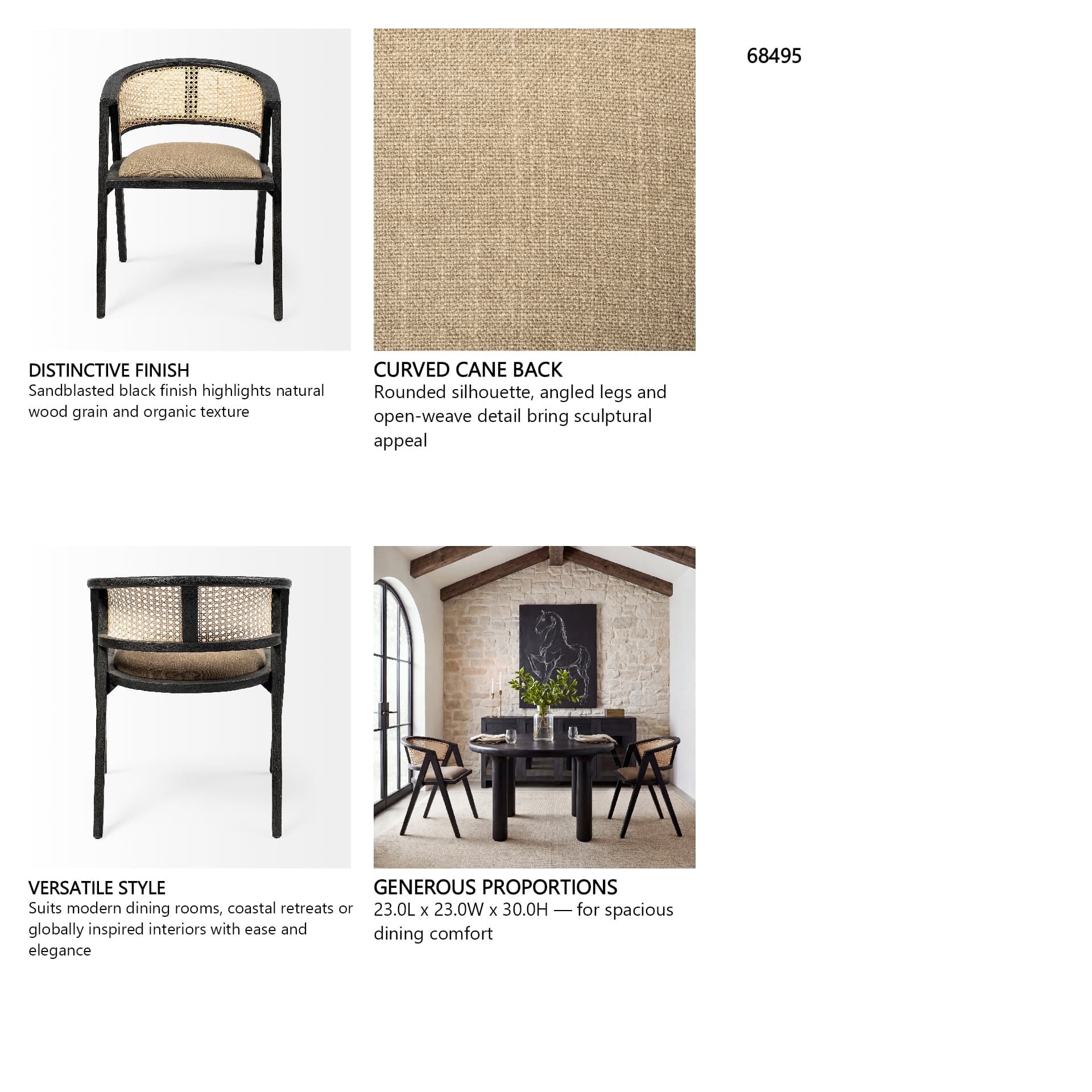 Tabitha Cane Back Dining Arm Chair | Linen w/ Black Wooden — product photograph