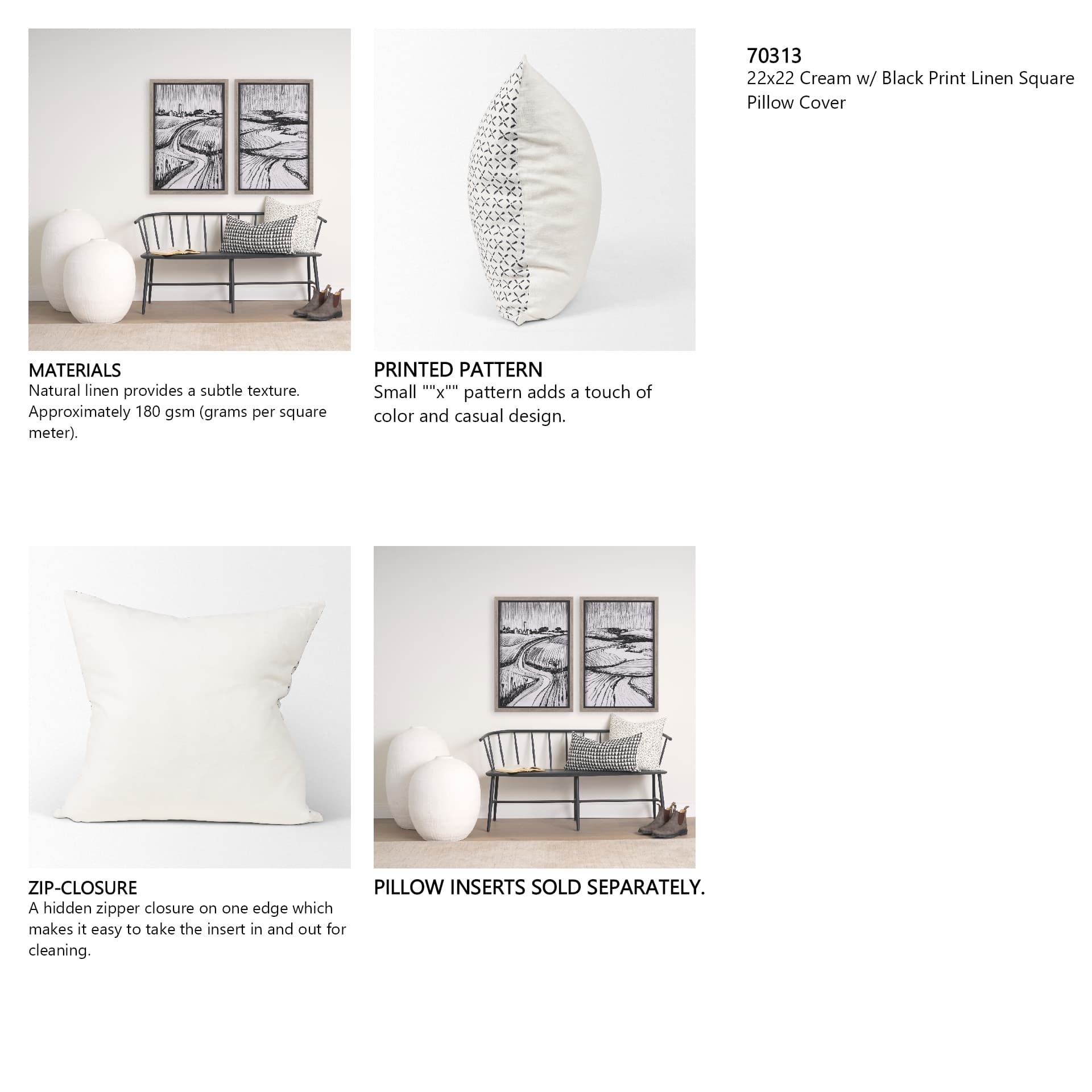Jayden 22x22 Cream w/ Black Print Linen Square Pillow Cover — in a styled room