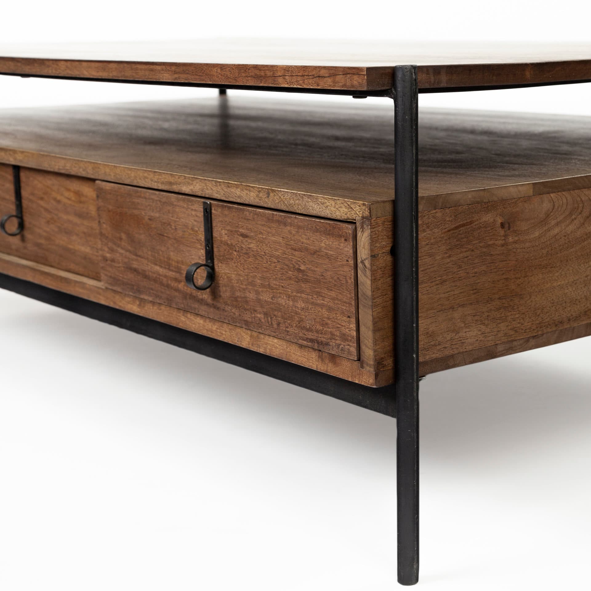 Glenn II 54x30 Dark Brown Wood w/ Black Iron Frame, Rectangle 3 Drawers Coffee Table — product photograph