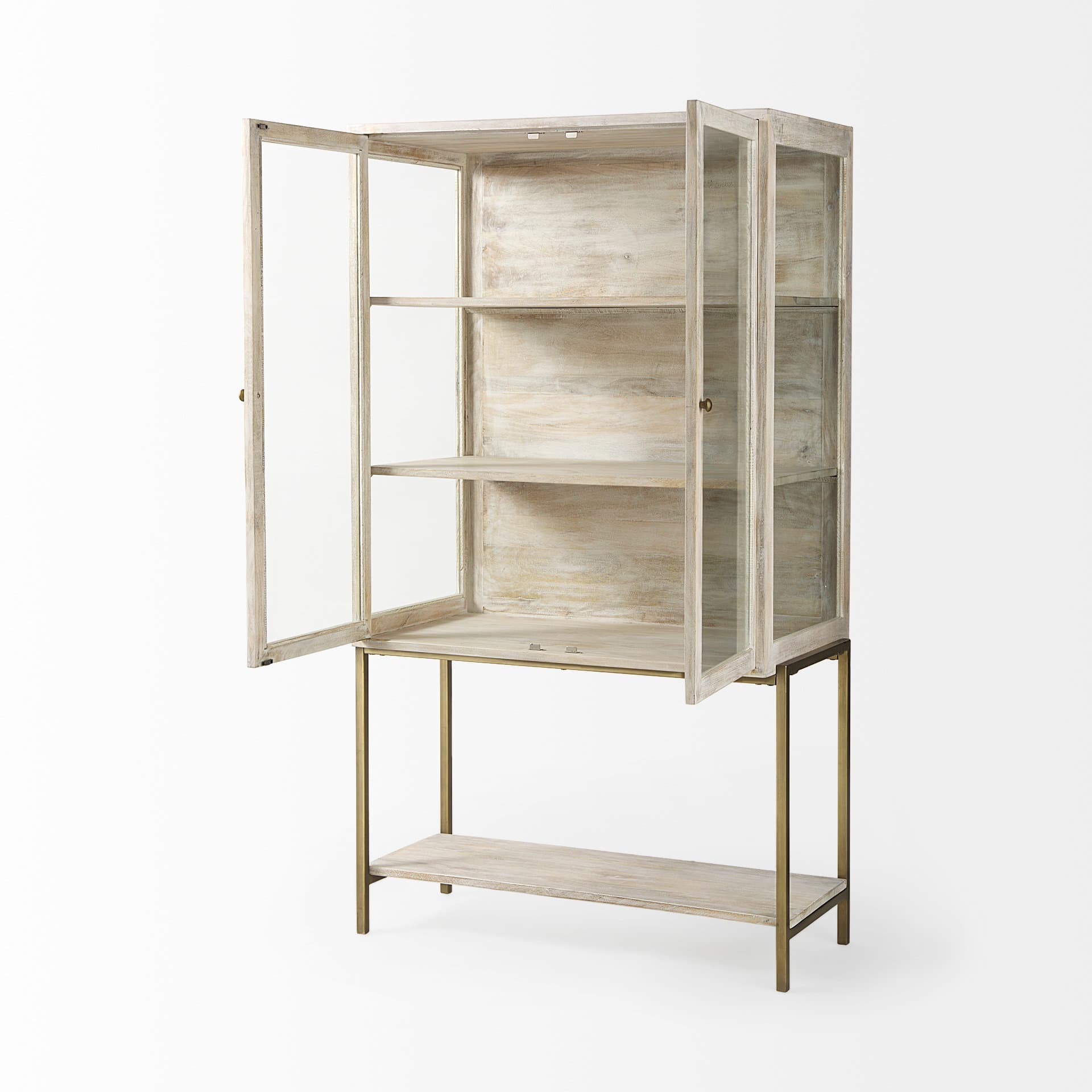Arelius 36L x 18.75W x 63H White Wood W/ Gold Metal Base Display Cabinet — product photograph
