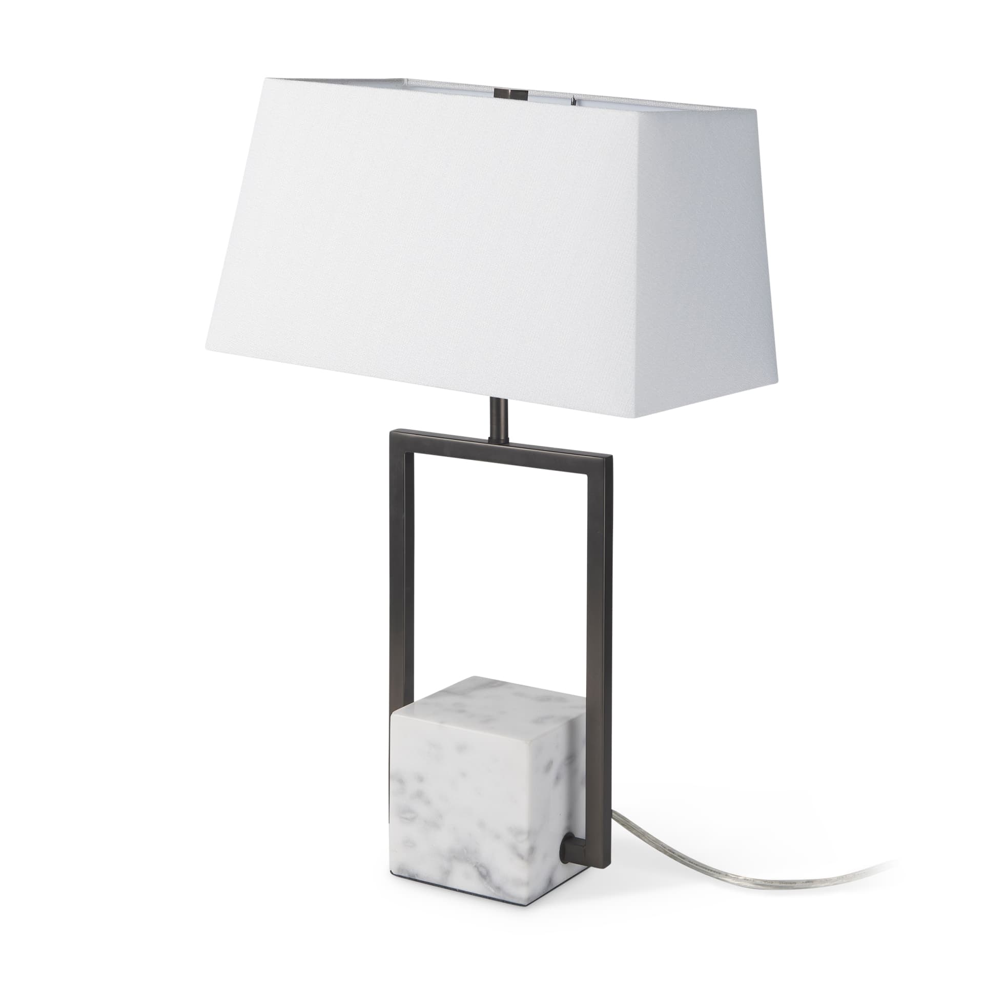Peyton 14.0L x 9.0W x 26.2H Black Metal W/Marble Cube and White Shade Table Lamp — product photograph