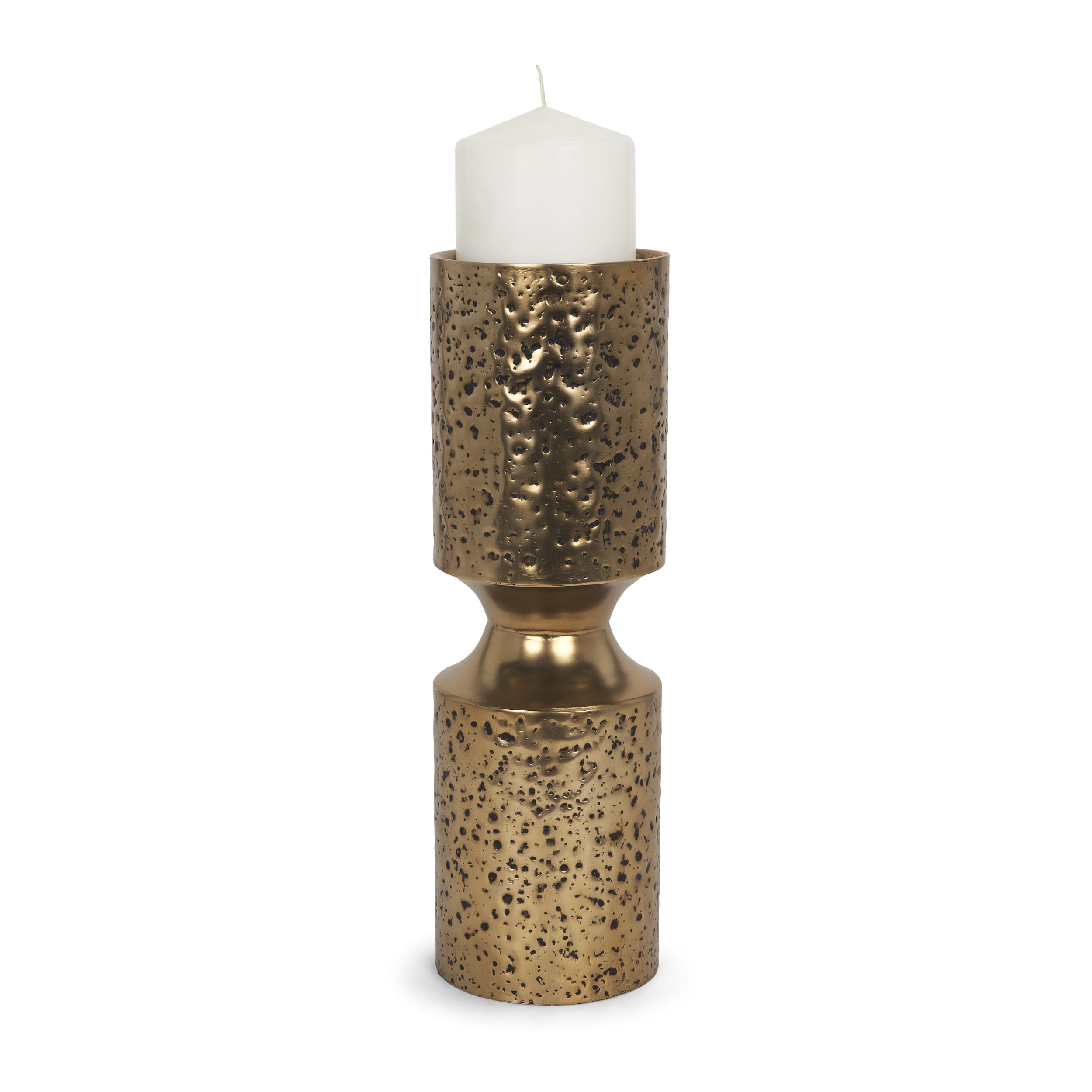 Akira Large Hammered Gold Metal Pillar Candle Holder — product photograph