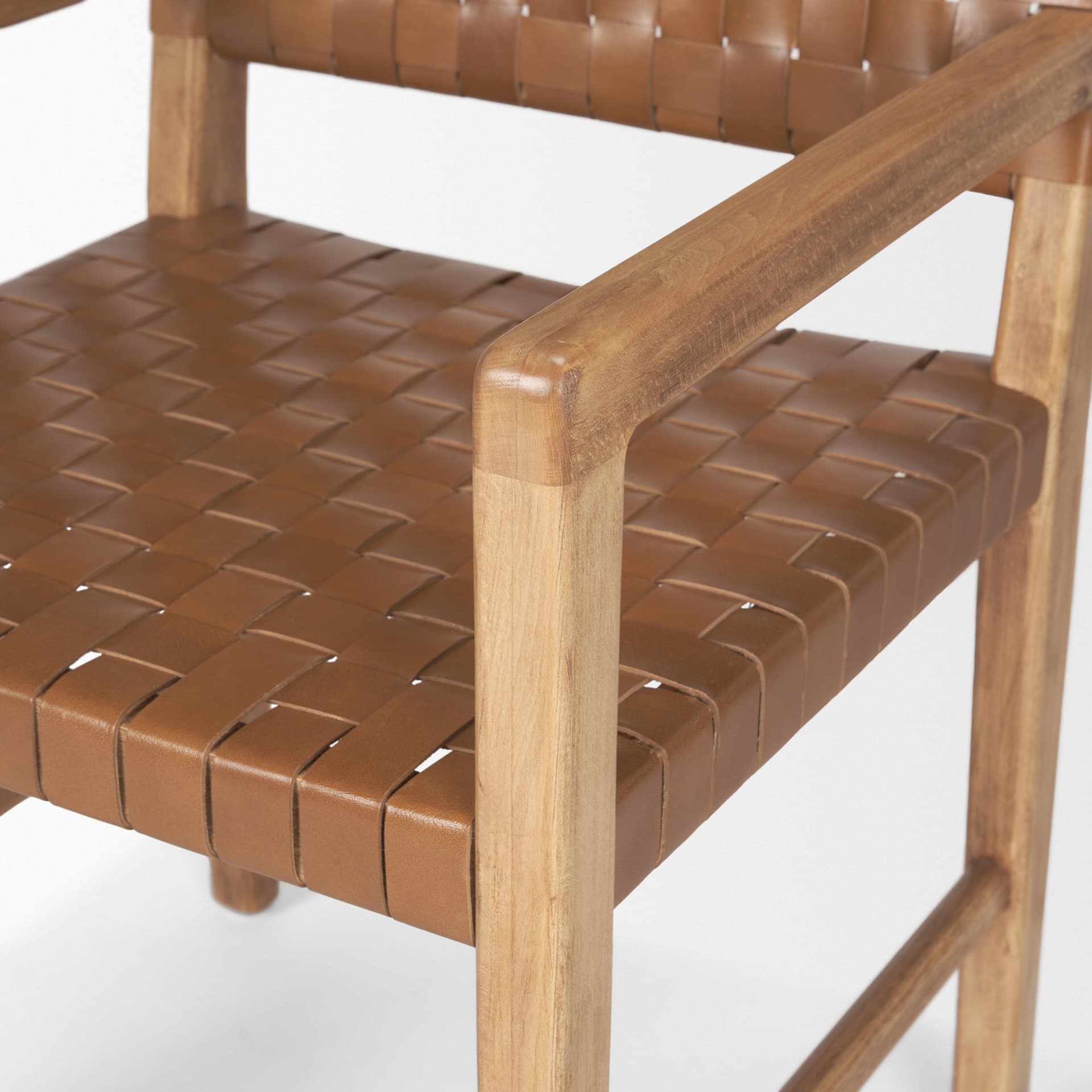 Shane Curved Back Dining Arm Chair | Woven Brown Leather w/ Brown Wood — product photograph