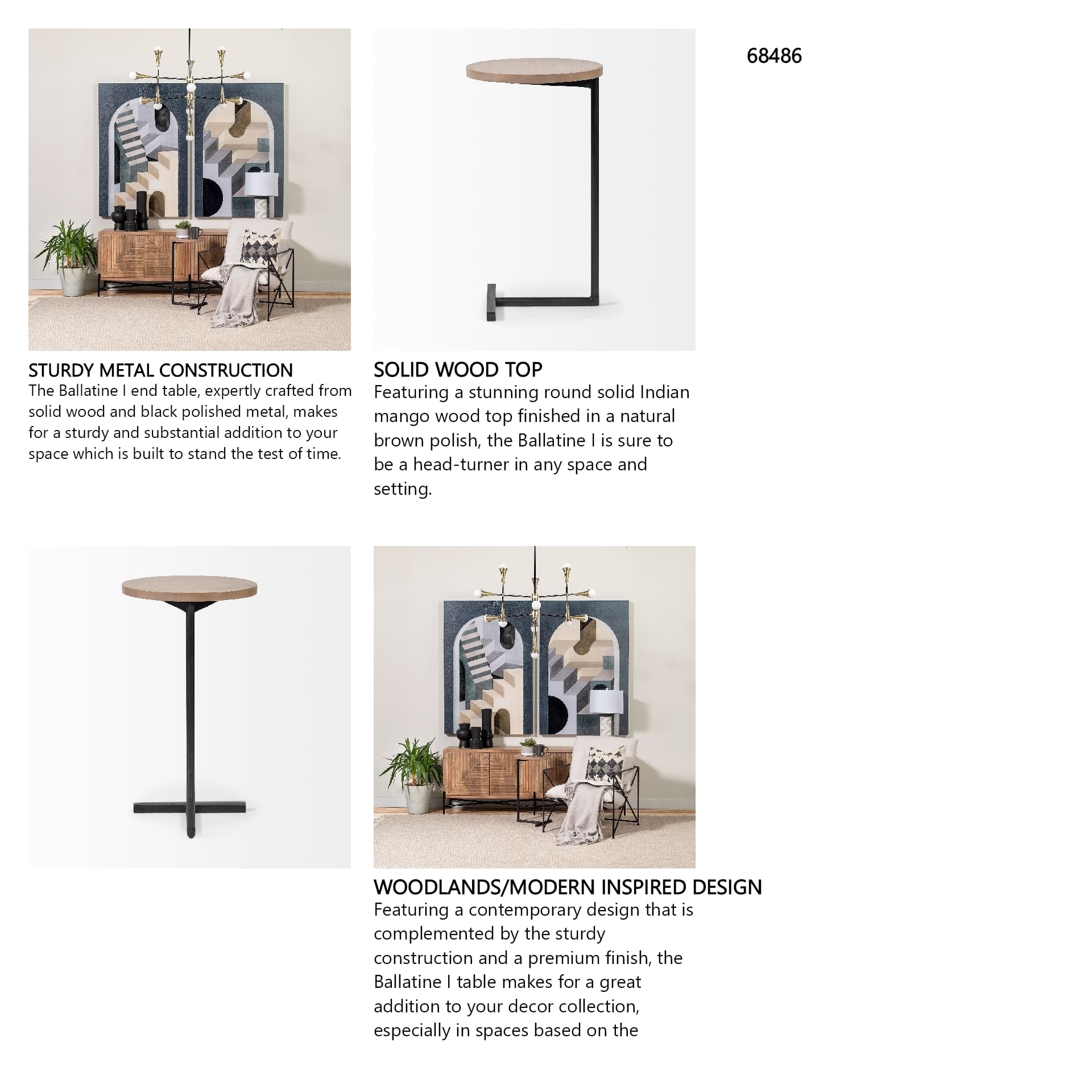 Ballatine 15L x 15W x 27H Brown Wood Round Top w/ Black Metal Base Accent Table — in a styled room