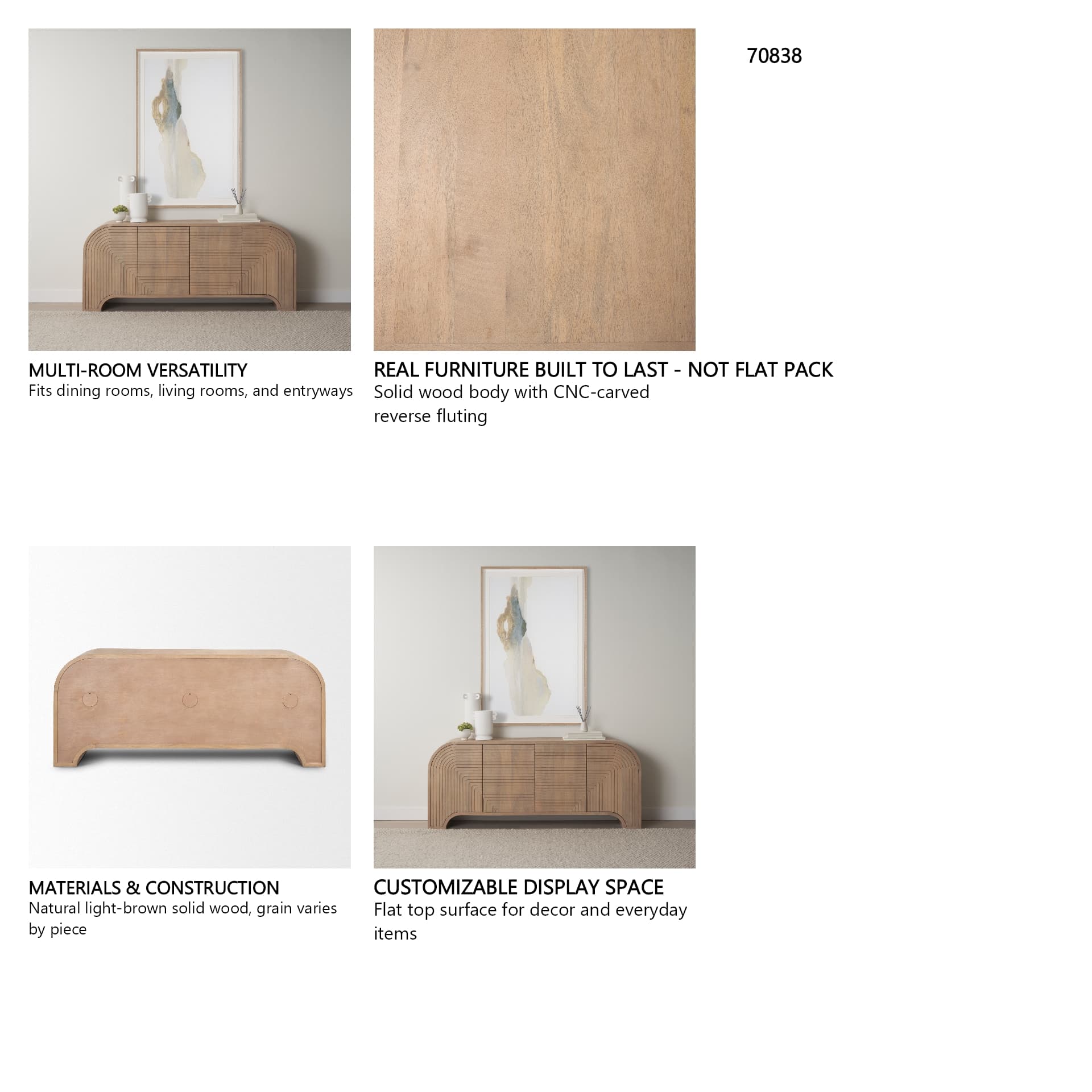 Sorina Reverse Fluted Light Brown Wood Sideboard — in a styled room