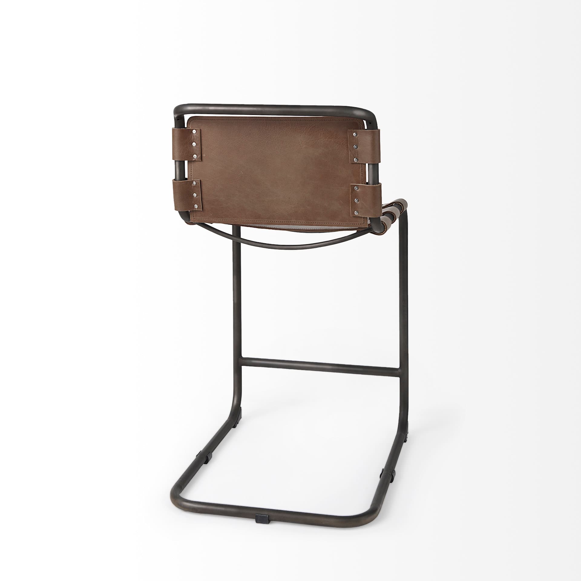Berbick Low Back 26in Seat Counter Stool | Brown Leather w/ Gray Metal — product photograph