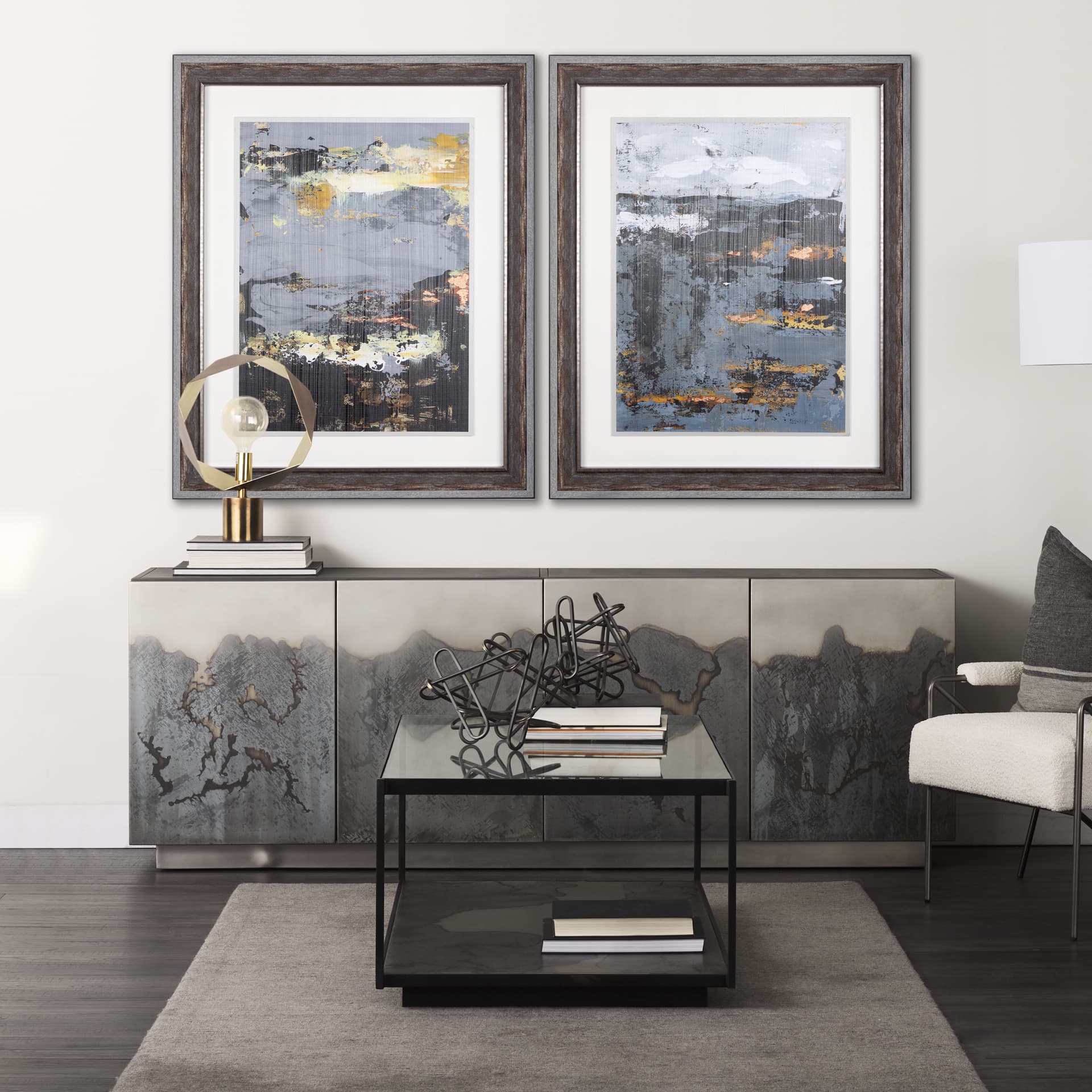 Silver and gold Inspiration II by Mercana Studio a Hand Embellished Textured Framed Art Print — in a styled room