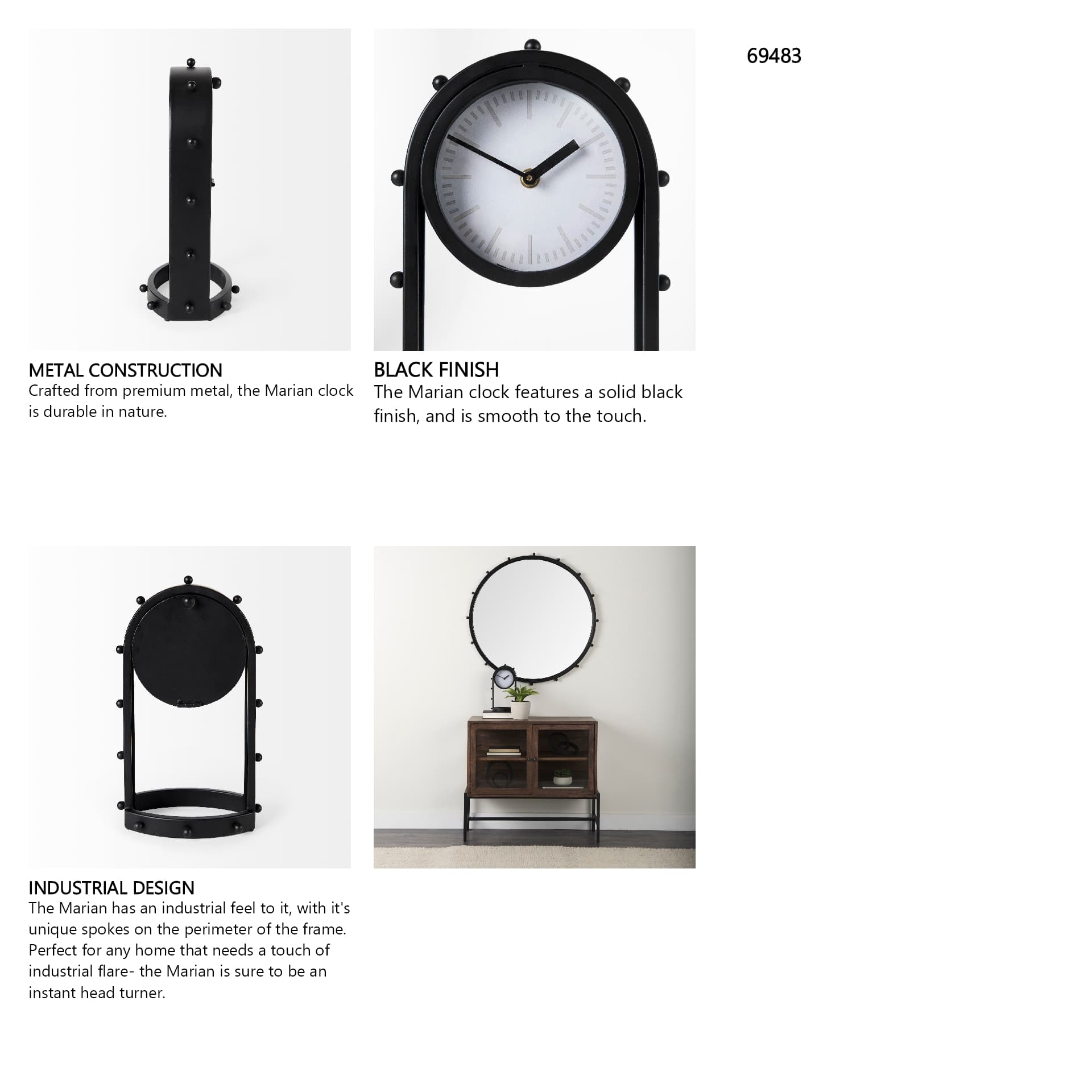 Marian 7.5L x 5.7W x 13.0H Black Studded Table Clock — in a styled room