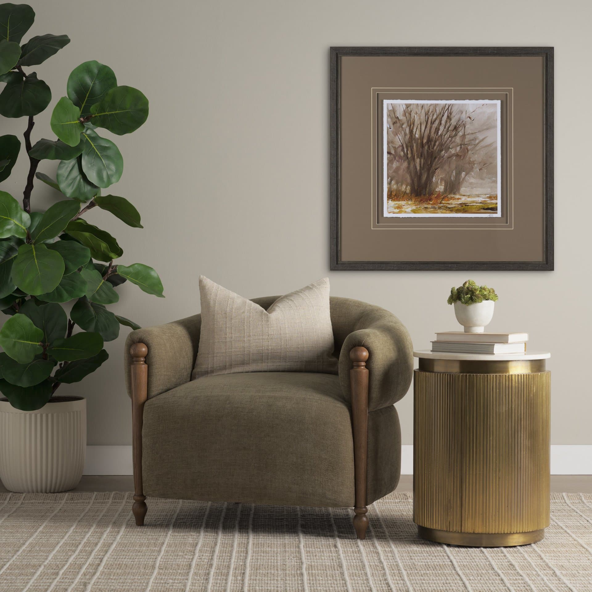 Margaux Olive Fabric Open Back Barrel Accent Chair — in a styled room