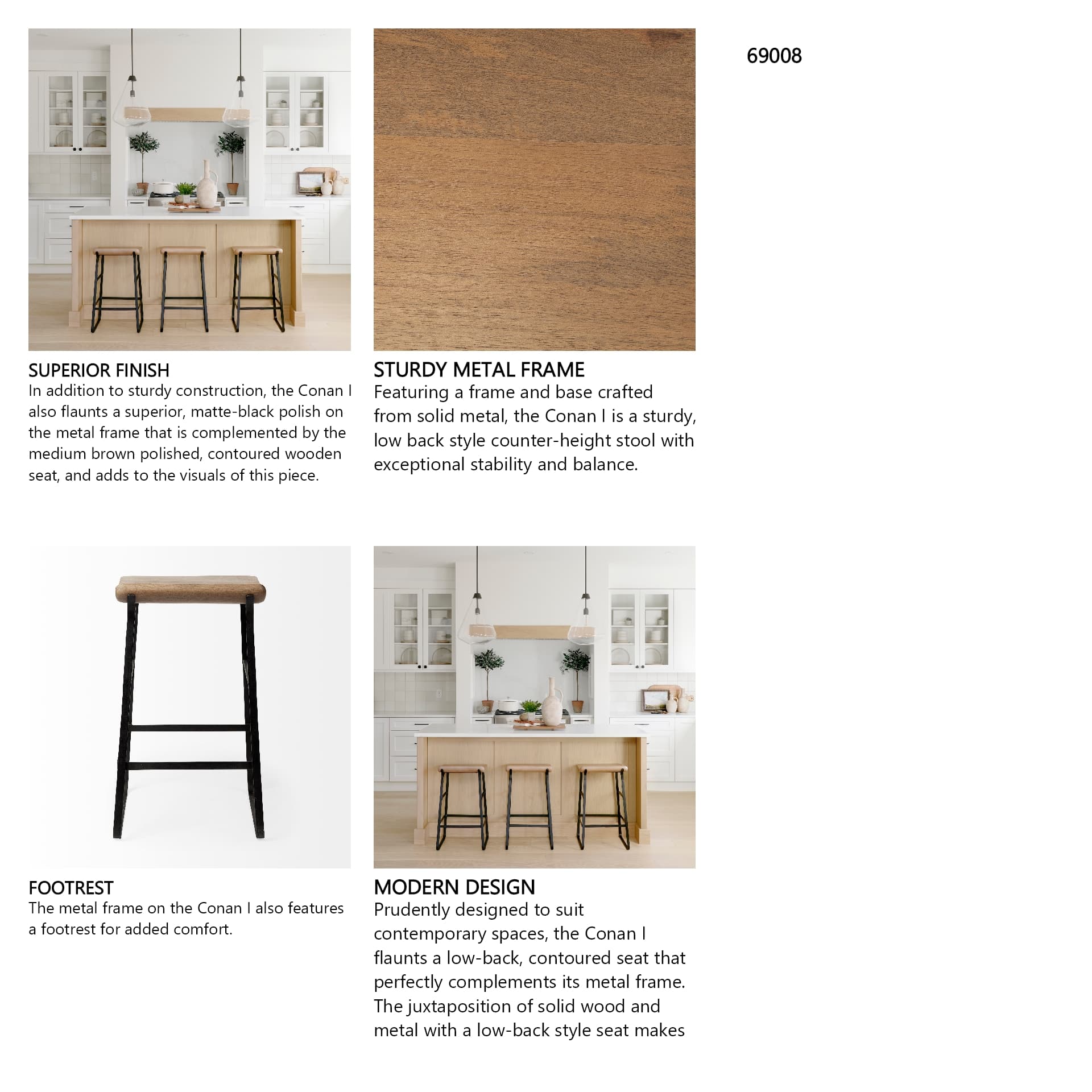 Conan Low Back 25in Seat Counter Stool | Brown Wood w/ Black Metal — product photograph