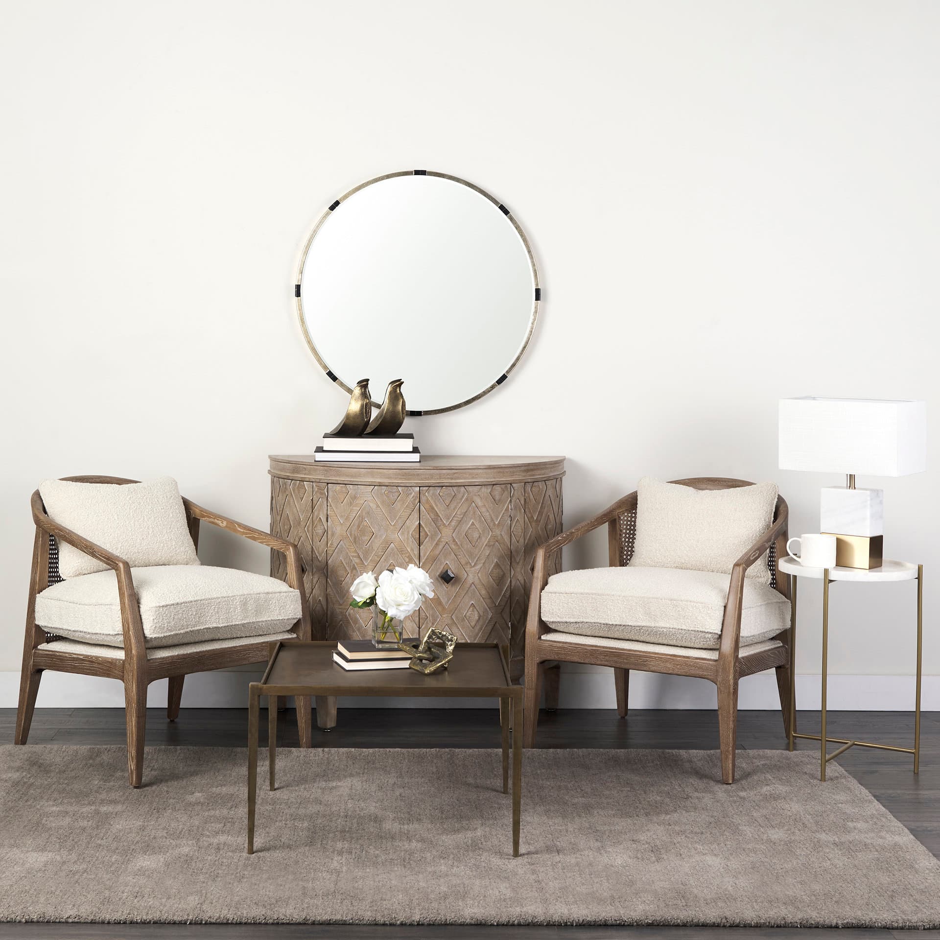 Stella 17L x 17W White Round Marble Top W/Gold Base Accent Table — in a styled room