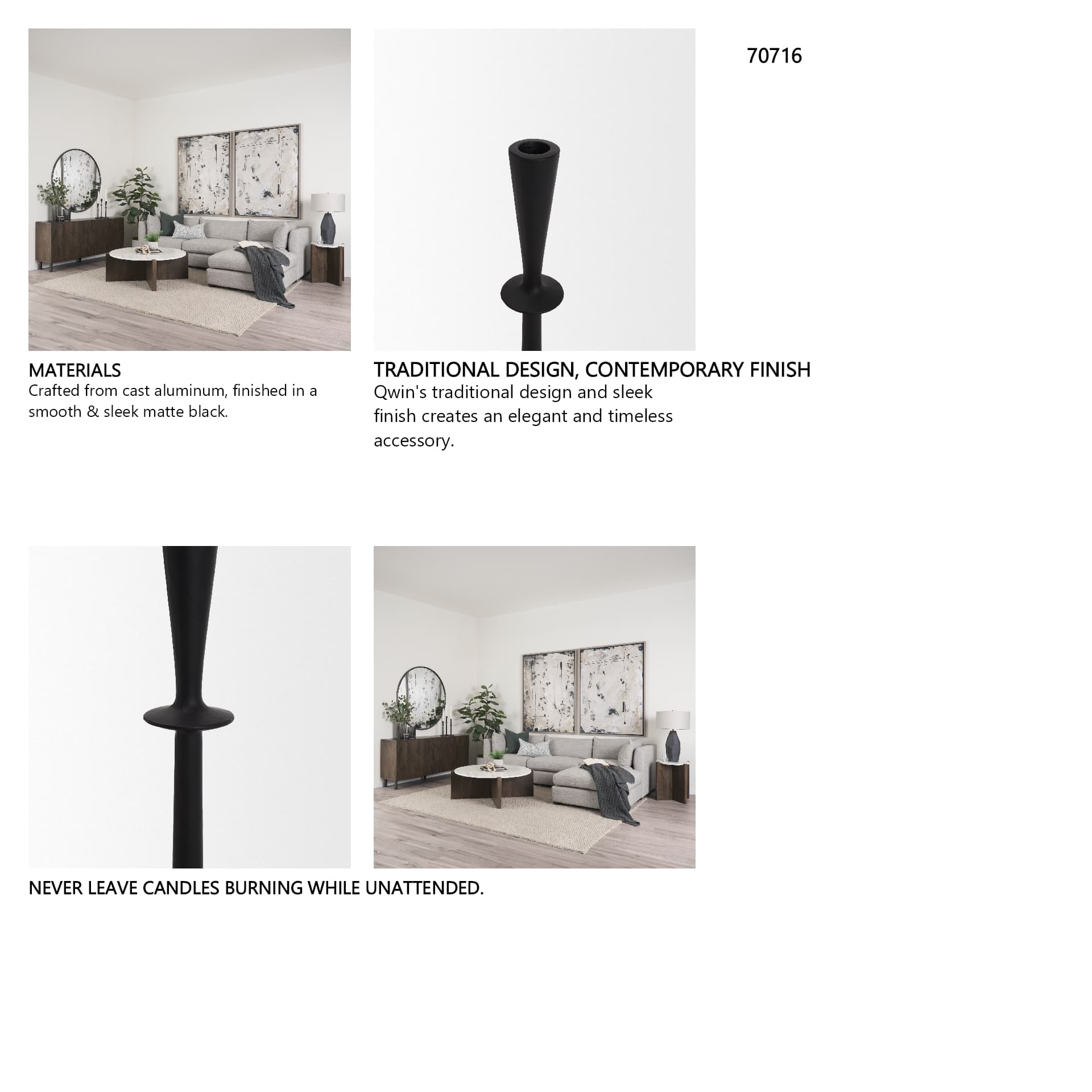 Qwin Matte Black Cast Aluminum Short Candle Holder — in a styled room