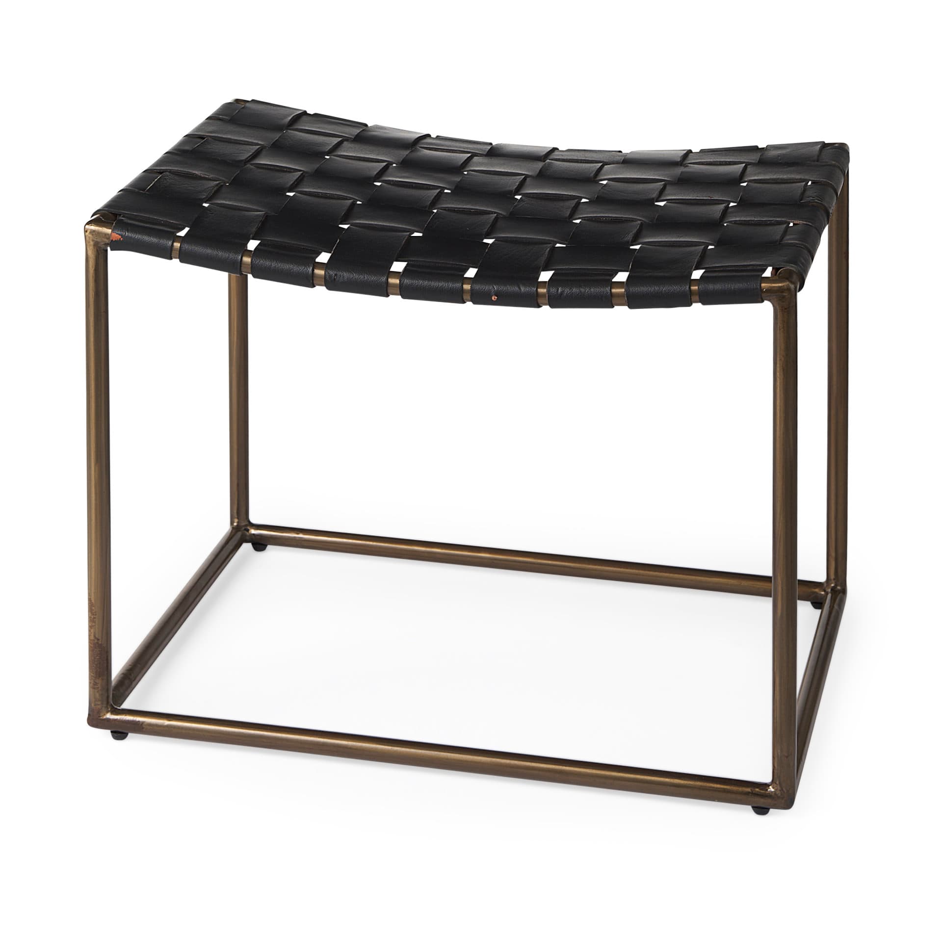 Clarissa 22.0L x 16.0W x 16.75H Black Leather Woven Seat W/ Gold Metal Frame Stool — product photograph