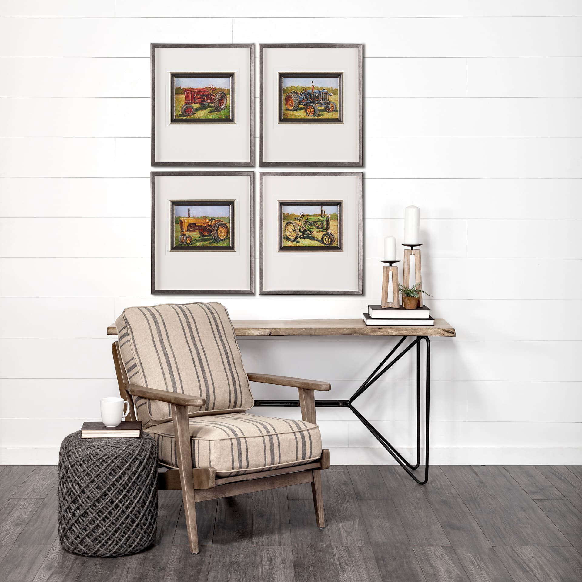 Rustic Tractors II by Mercana Studio a Hand Embellished Textured Framed Art Print Matted under Glass — in a styled room