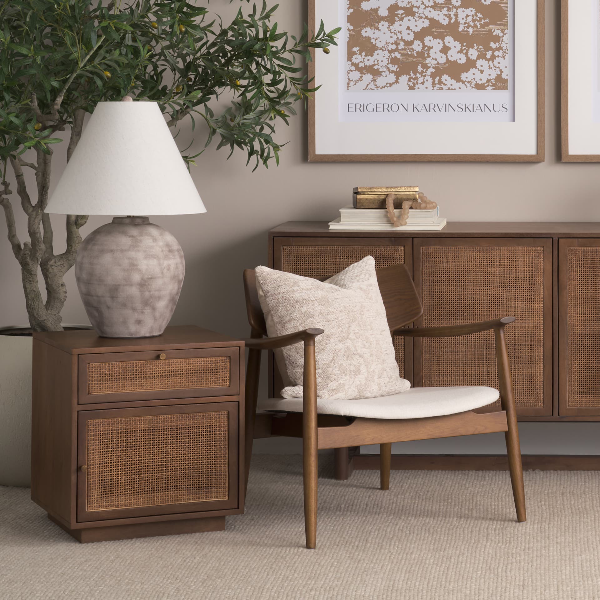 Haggen Medium Brown Oak Wood w/ Cream Fabric Accent Chair — product photograph