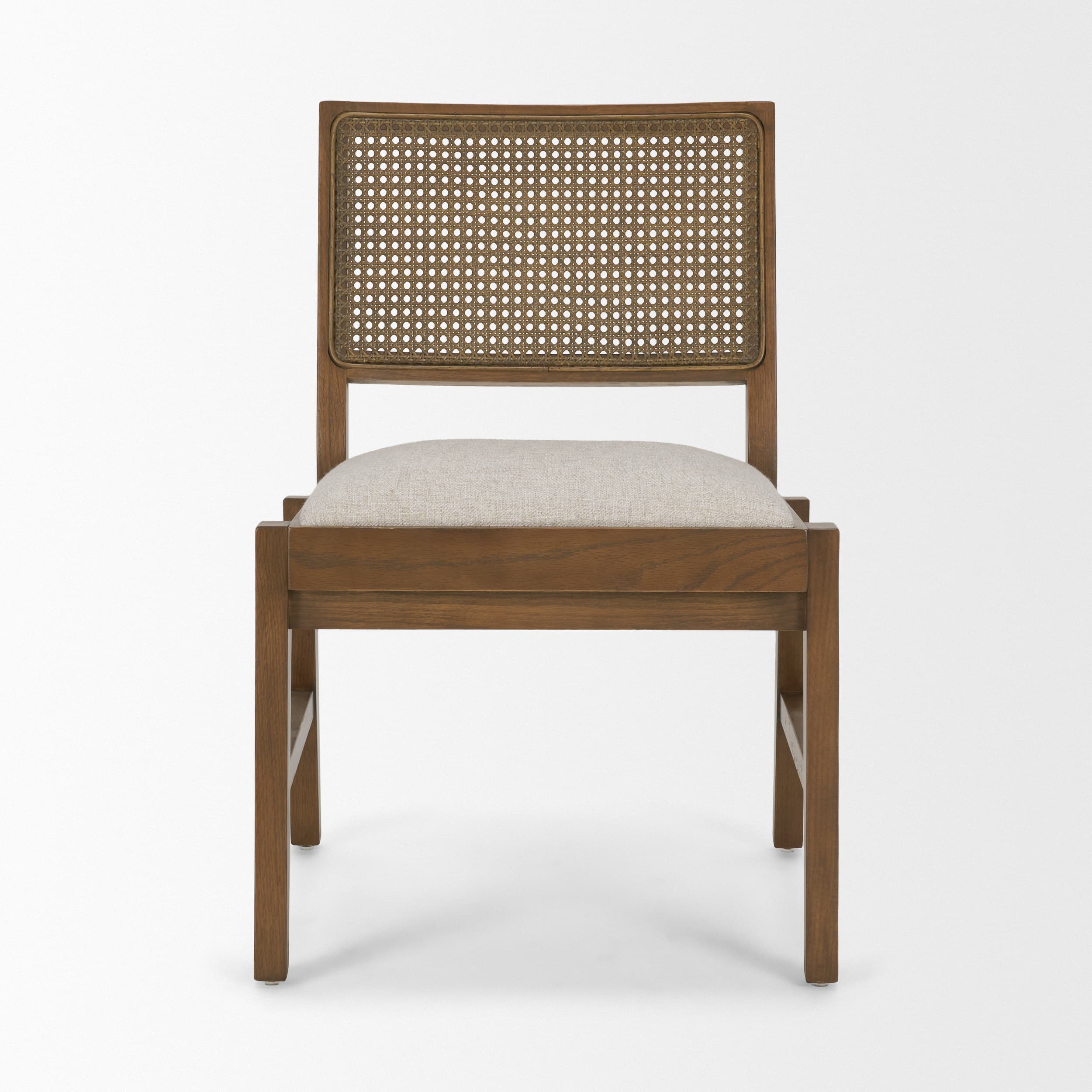 Reid Cane Back Dining Side Chair | Cream Fabric w/ Brown Wood — product photograph