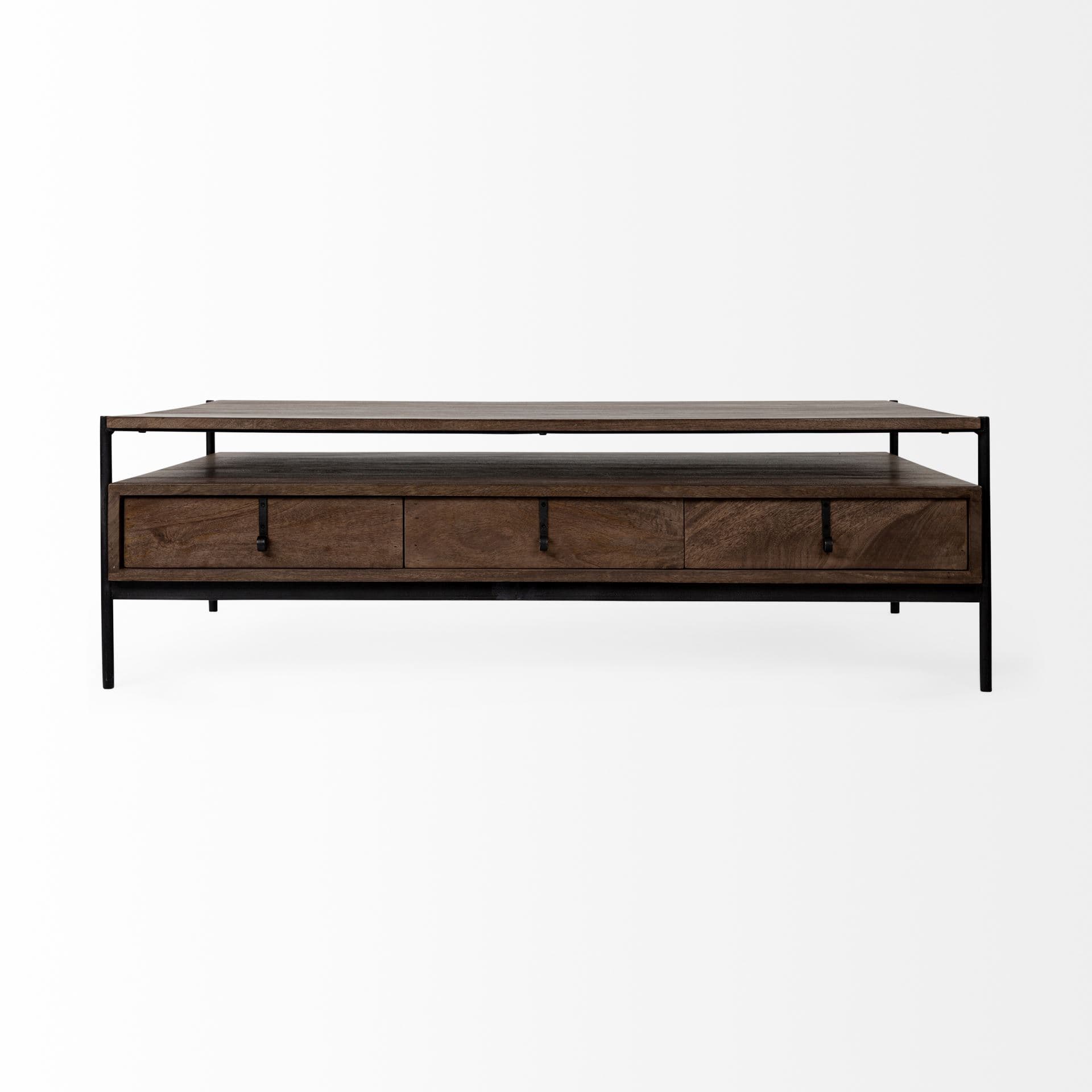 Glenn II 54x30 Dark Brown Wood w/ Black Iron Frame, Rectangle 3 Drawers Coffee Table — product photograph