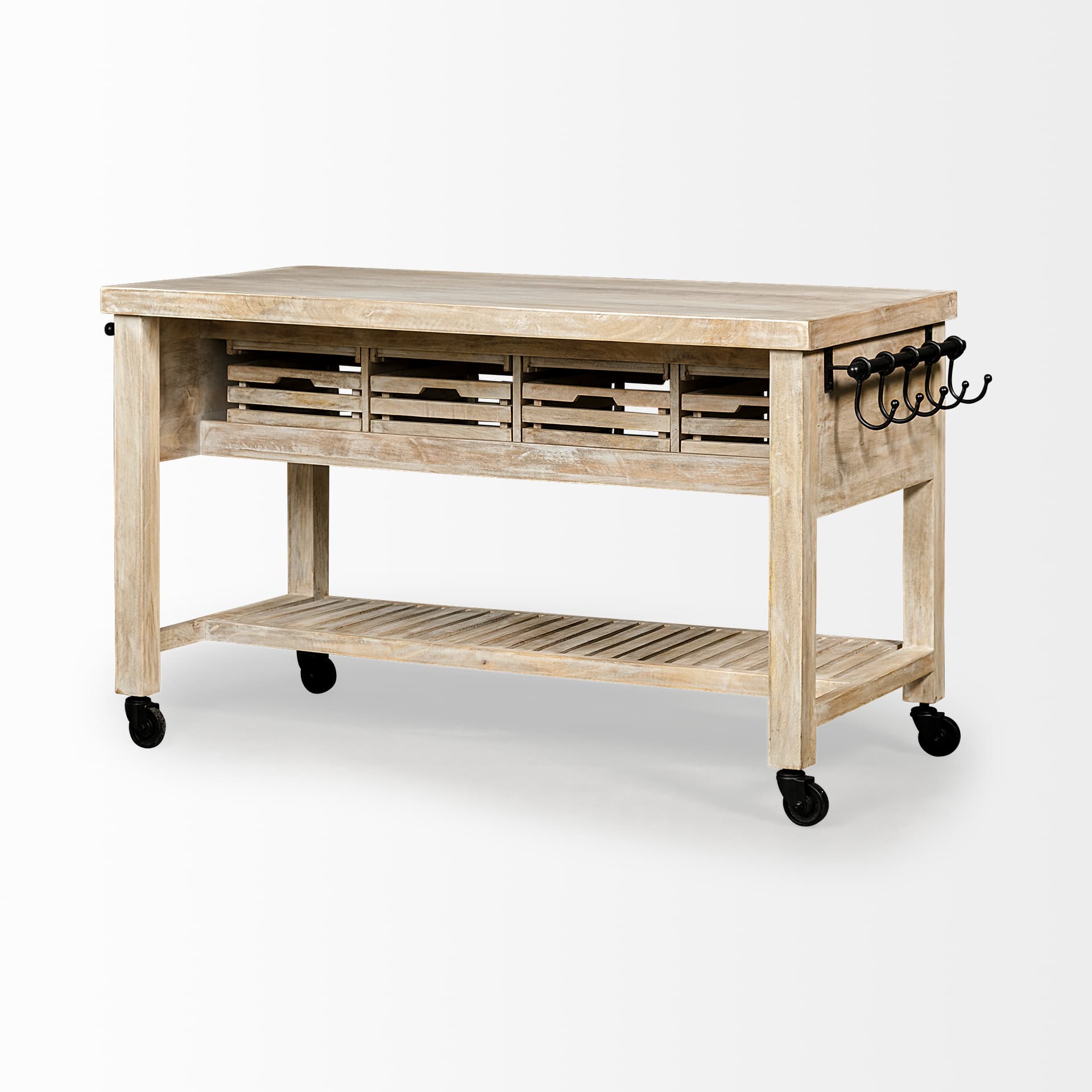 Columbia 62L x 28W x 36H I Light Brown Body w/ Black Iron Knobs Rolling Kitchen Island — product photograph