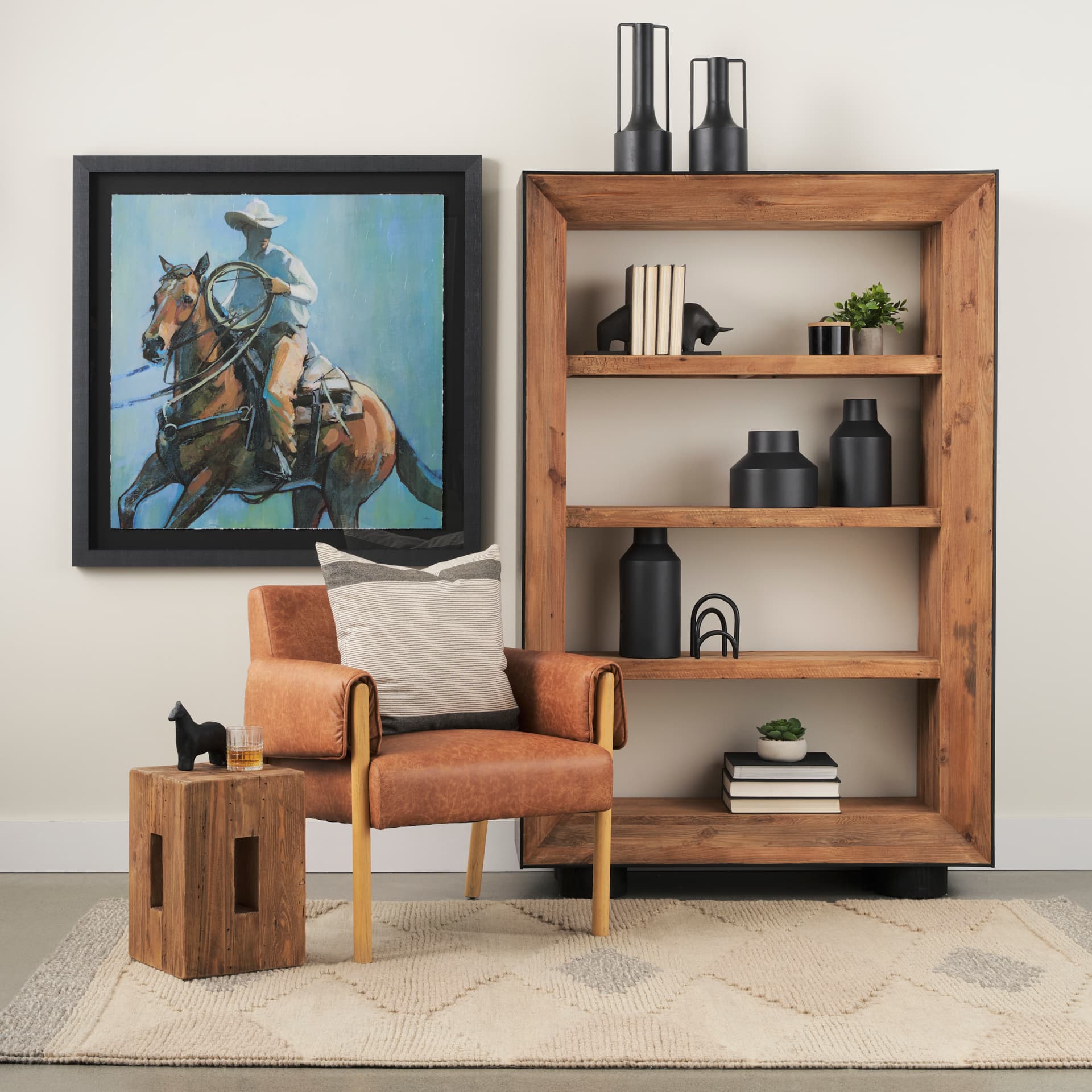 Round Up II Cowboy and Horse by Mercana Studio Hand Embellished Framed Art Print Matted under Glass — in a styled room