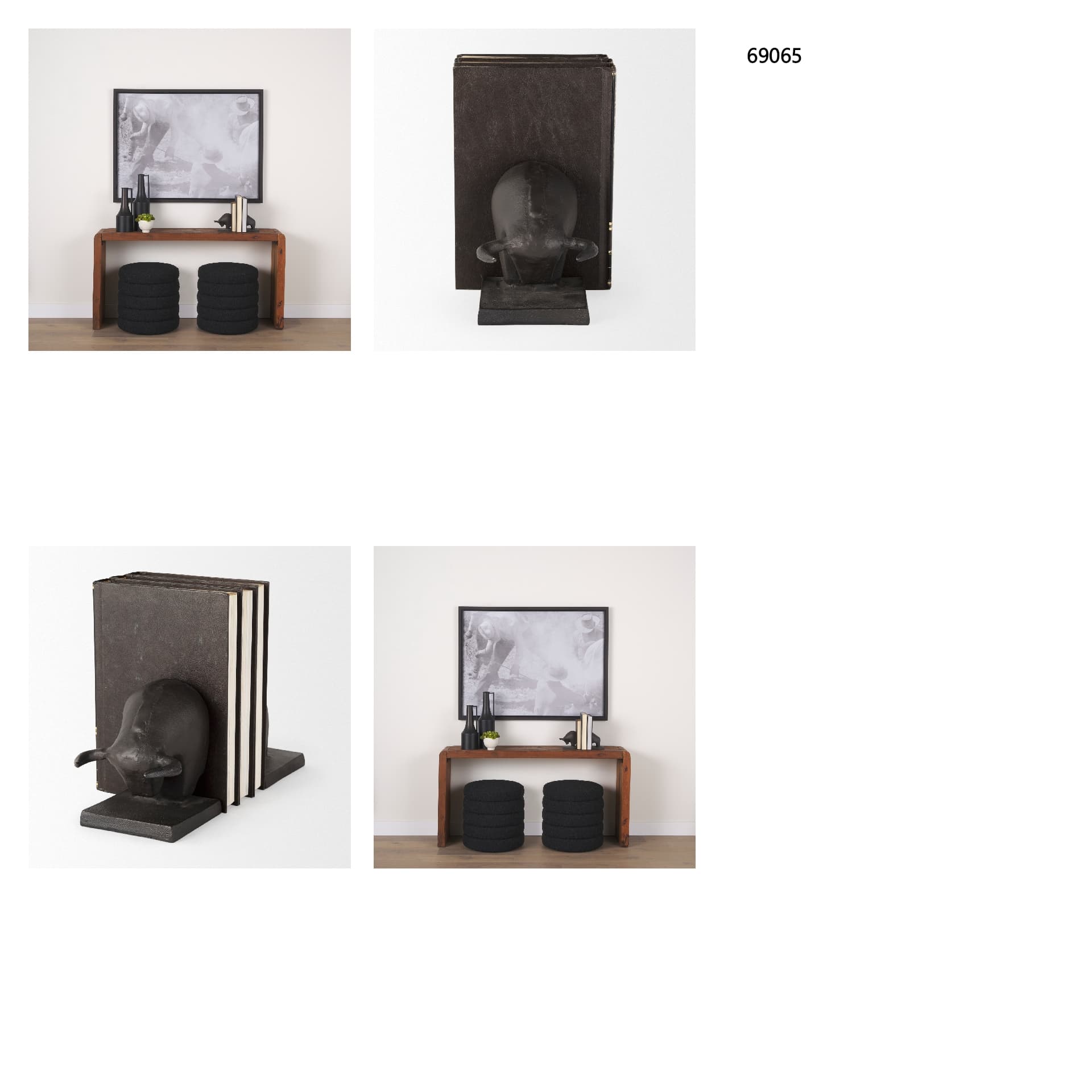 Tauro III (Set of 2) 10L x 5W Black Cast Aluminum Raging Bull Bookends — in a styled room