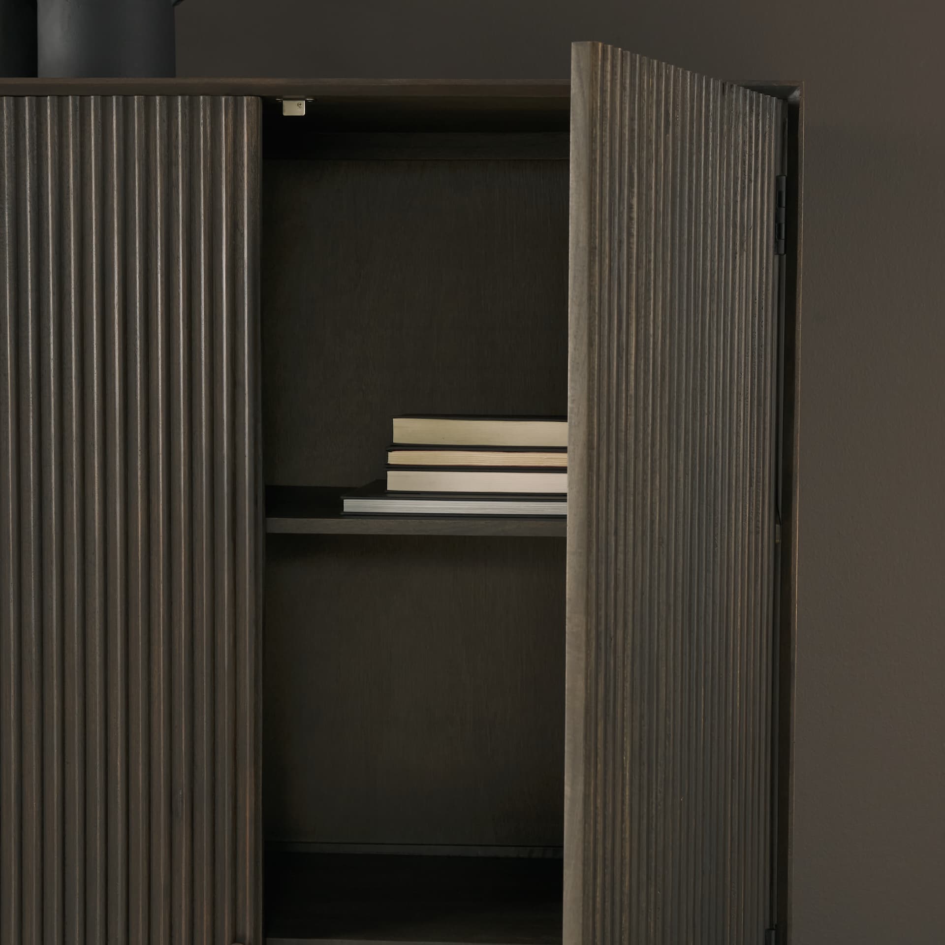 Cinder Distressed Dark Brown Wood Reeded 2-Door Closed Tall Cabinet — product photograph