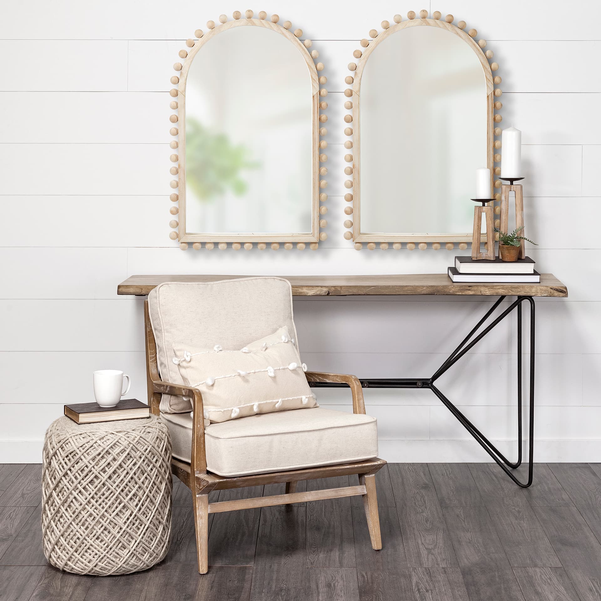 Leeds 23L x 35H Natural Wood Arch Frame Mirror — in a styled room