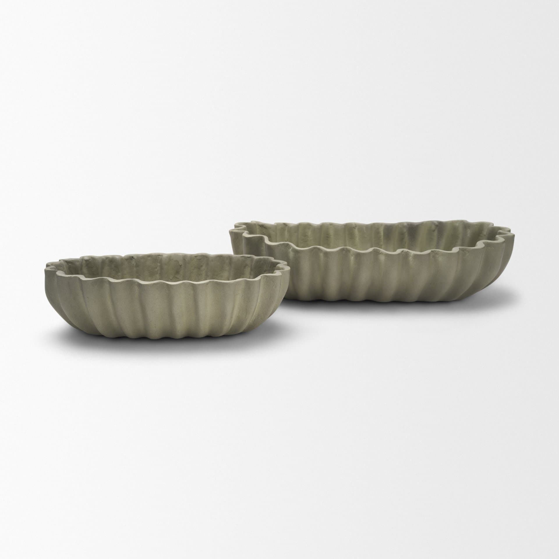 Camelia Fluted Sage Green Paper Mache Long Centerpiece Bowl — product photograph