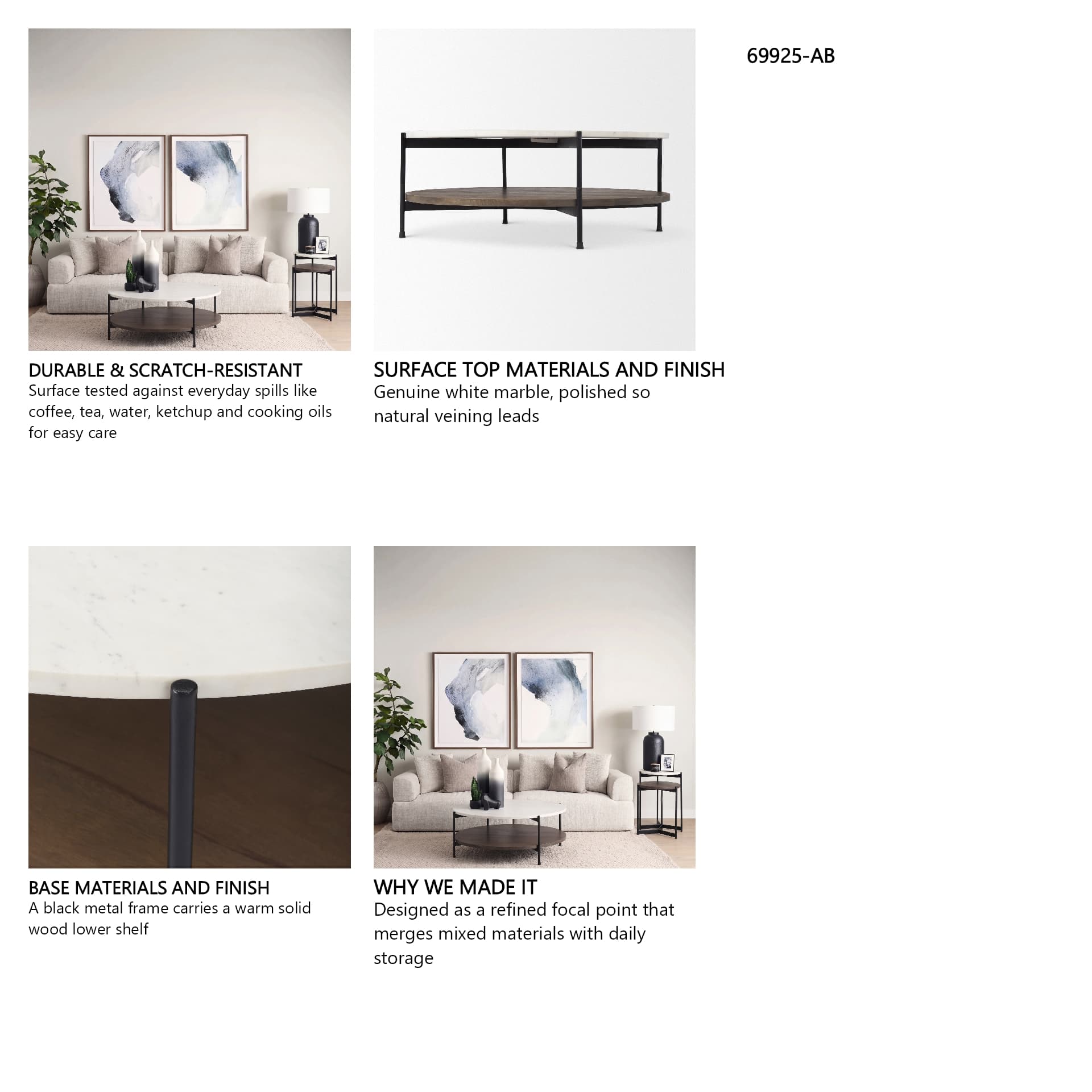 Larkin 42" Round Two-Tier White Marble Top and Solid Wood Shelf w/ Black Metal Frame Coffee Table — in a styled room