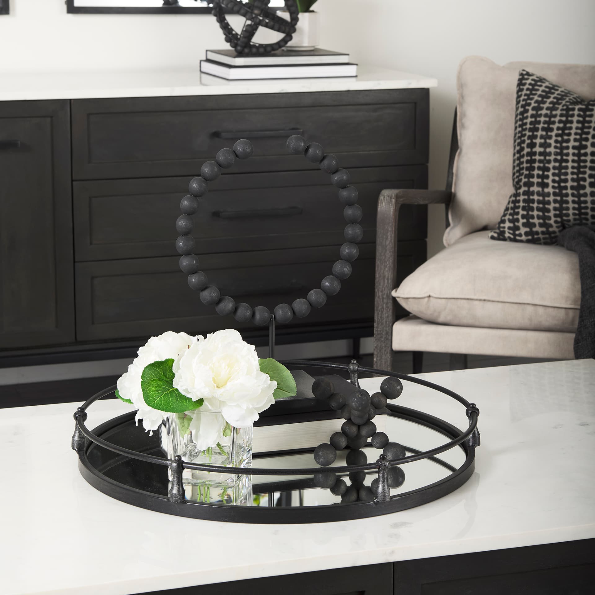 Kimbel 24L x 24W Black Metal Mirrored Base Round Tray — product photograph