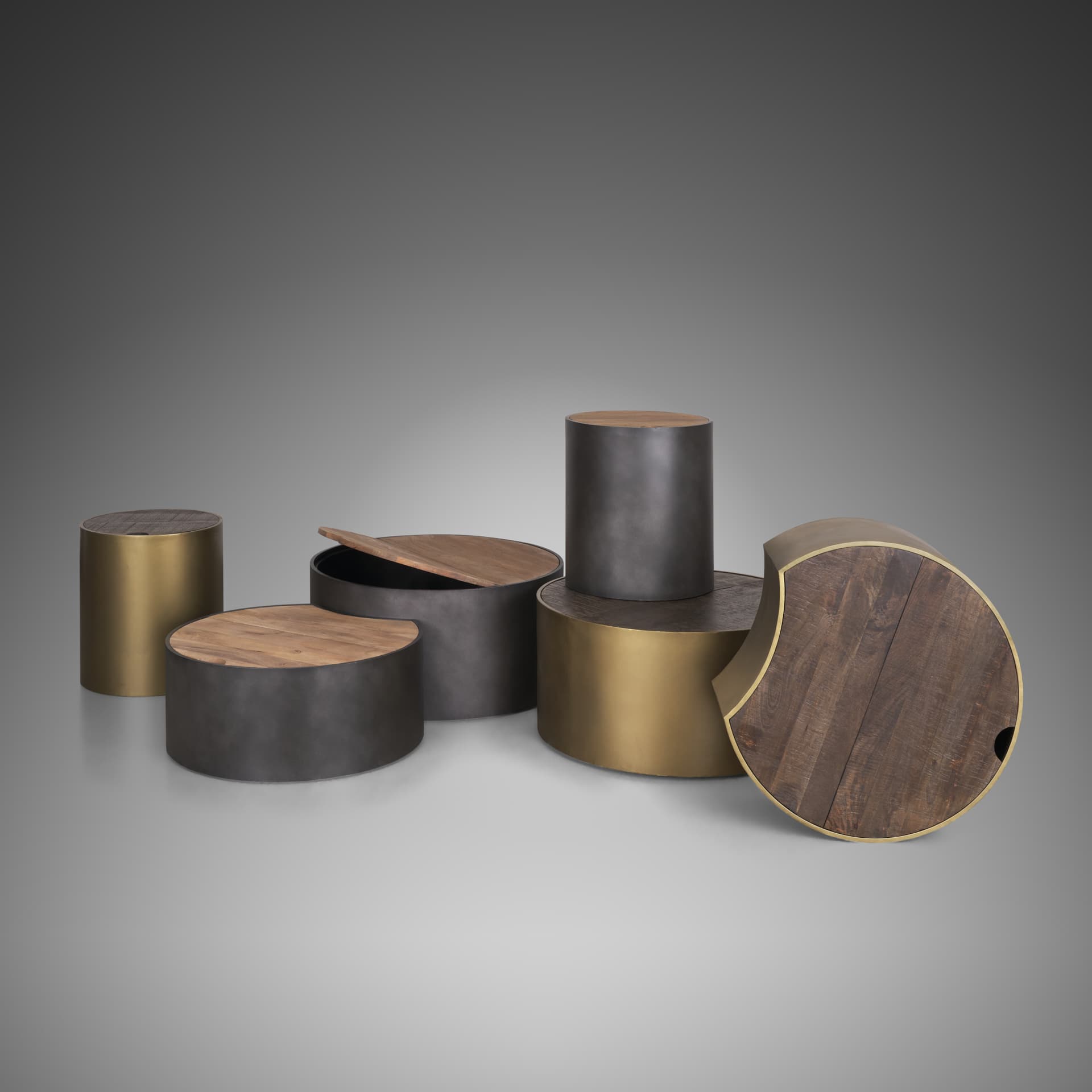 Eclipse Antique Brass Metal Drum Base w/ Dark Brown Wood Top End/Side Table — product photograph