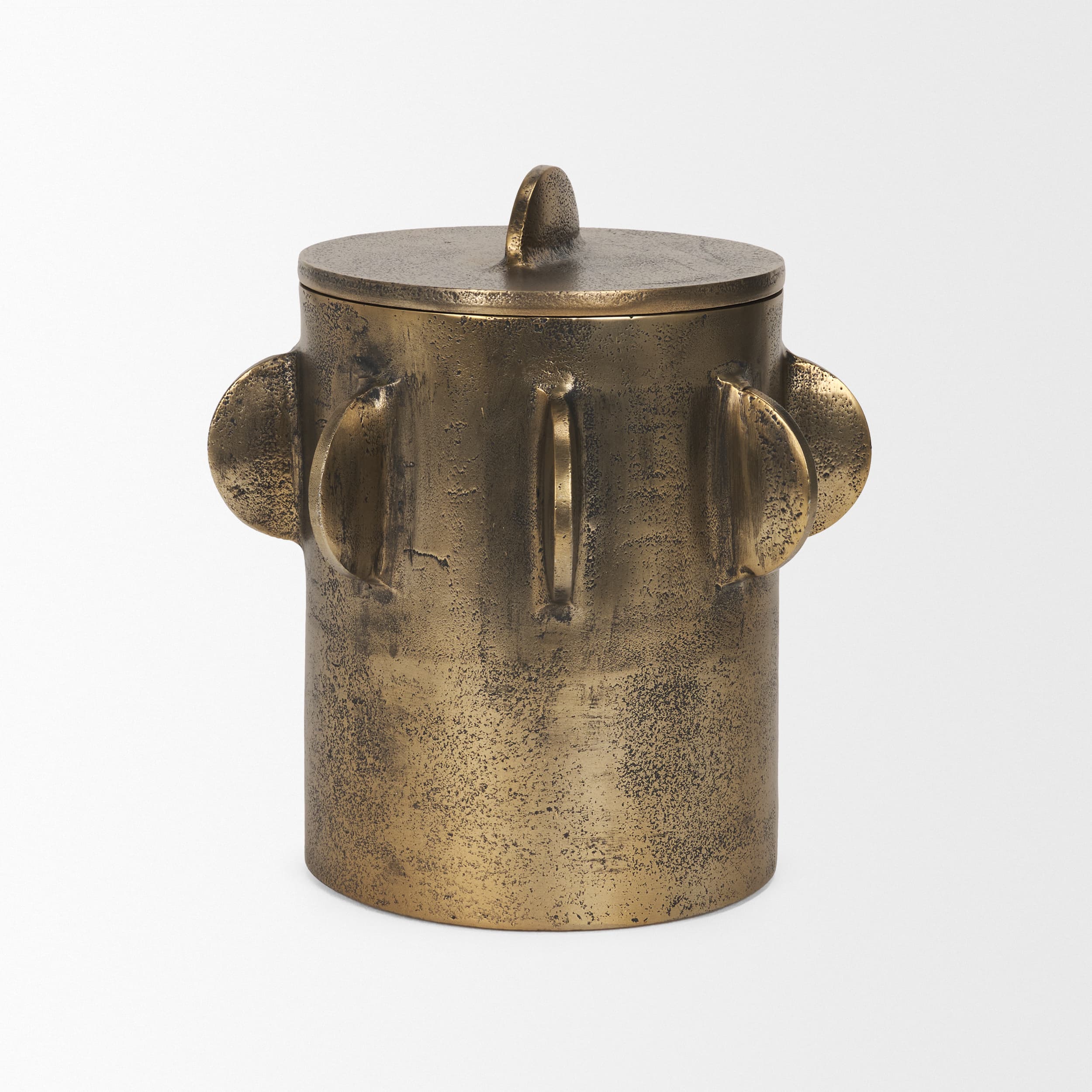 Deacon Large Antiqued Gold Metal Canister with Sculptural Handles — product photograph