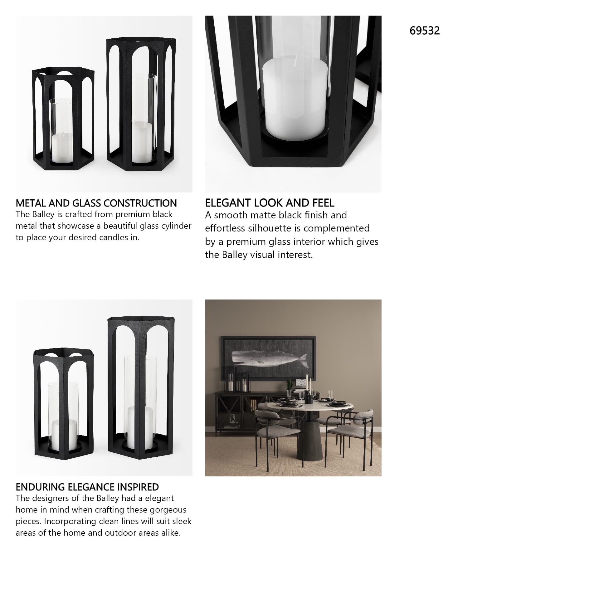 Balley 9.4L x 9.4W x 19.7H Set of Two Matte Black Metal Hexagonal Candle Holder Lanterns — in a styled room