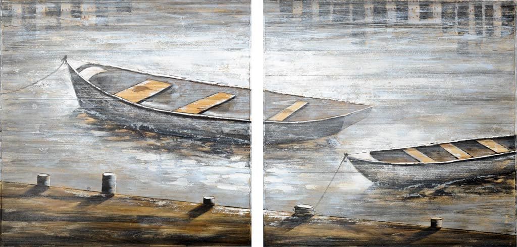 Creekside Diptych 80x40 Boats Original Hand Painted on Wood Oil Painting — product photograph