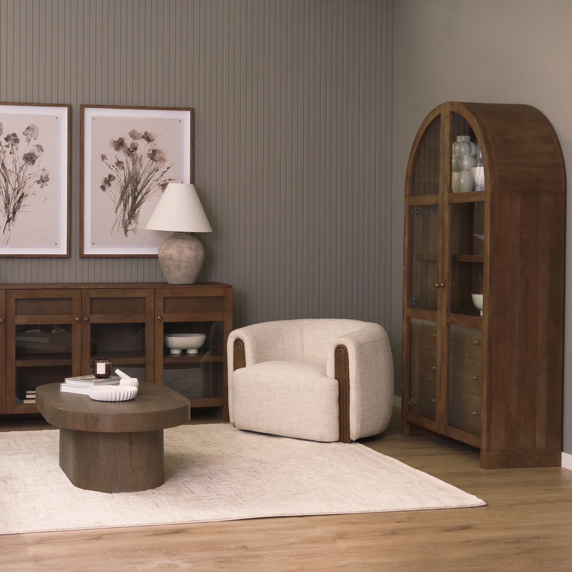 Suri Mid Brown Wood W/Glass Doors Arched Curio Cabinet — product photograph