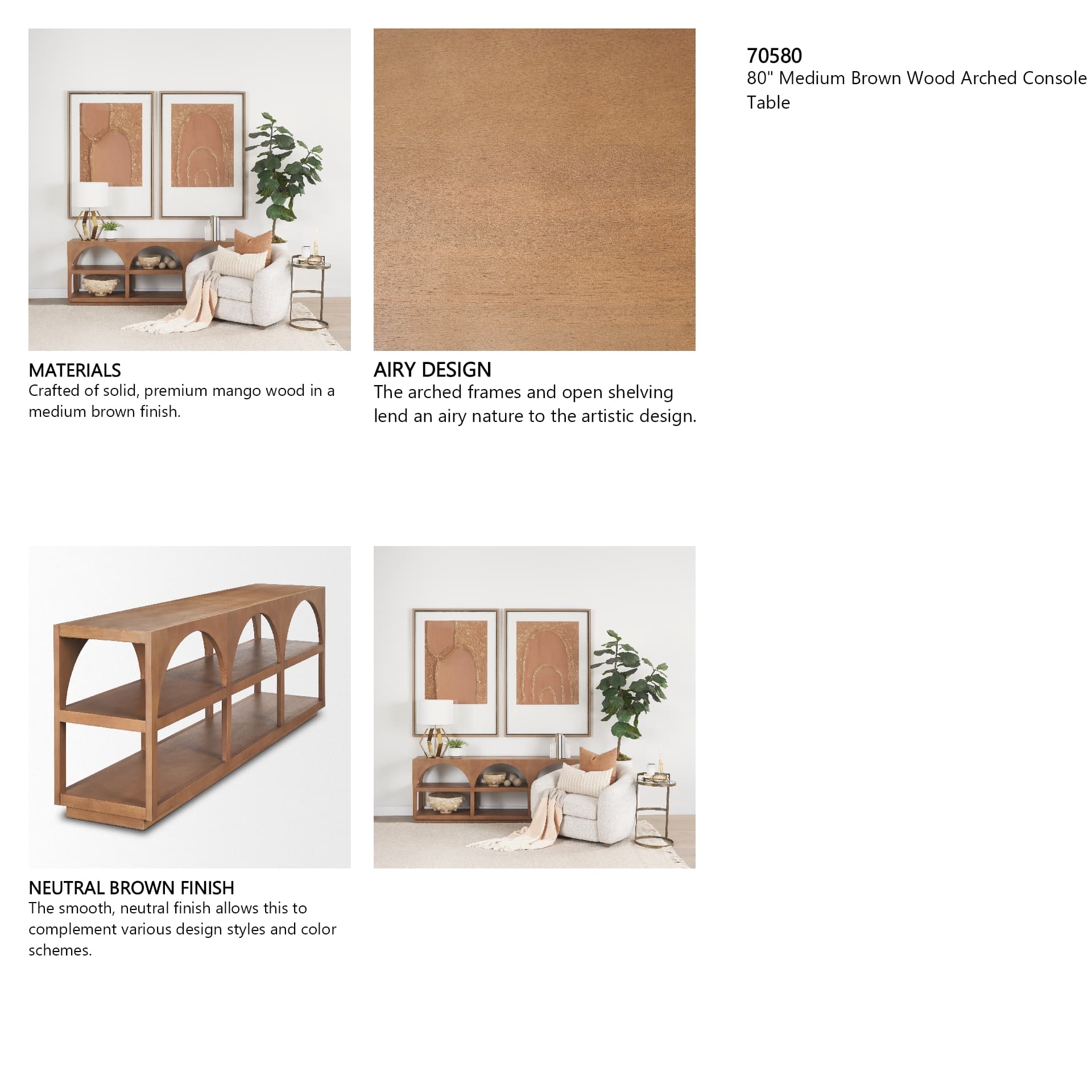 Bela 80" Medium Brown Wood Arched Console Table — in a styled room