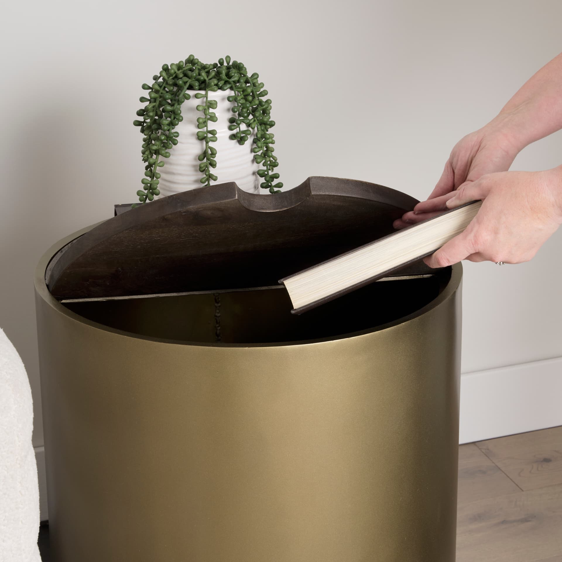 Eclipse Antique Brass Metal Drum Base w/ Dark Brown Wood Top End/Side Table — product photograph