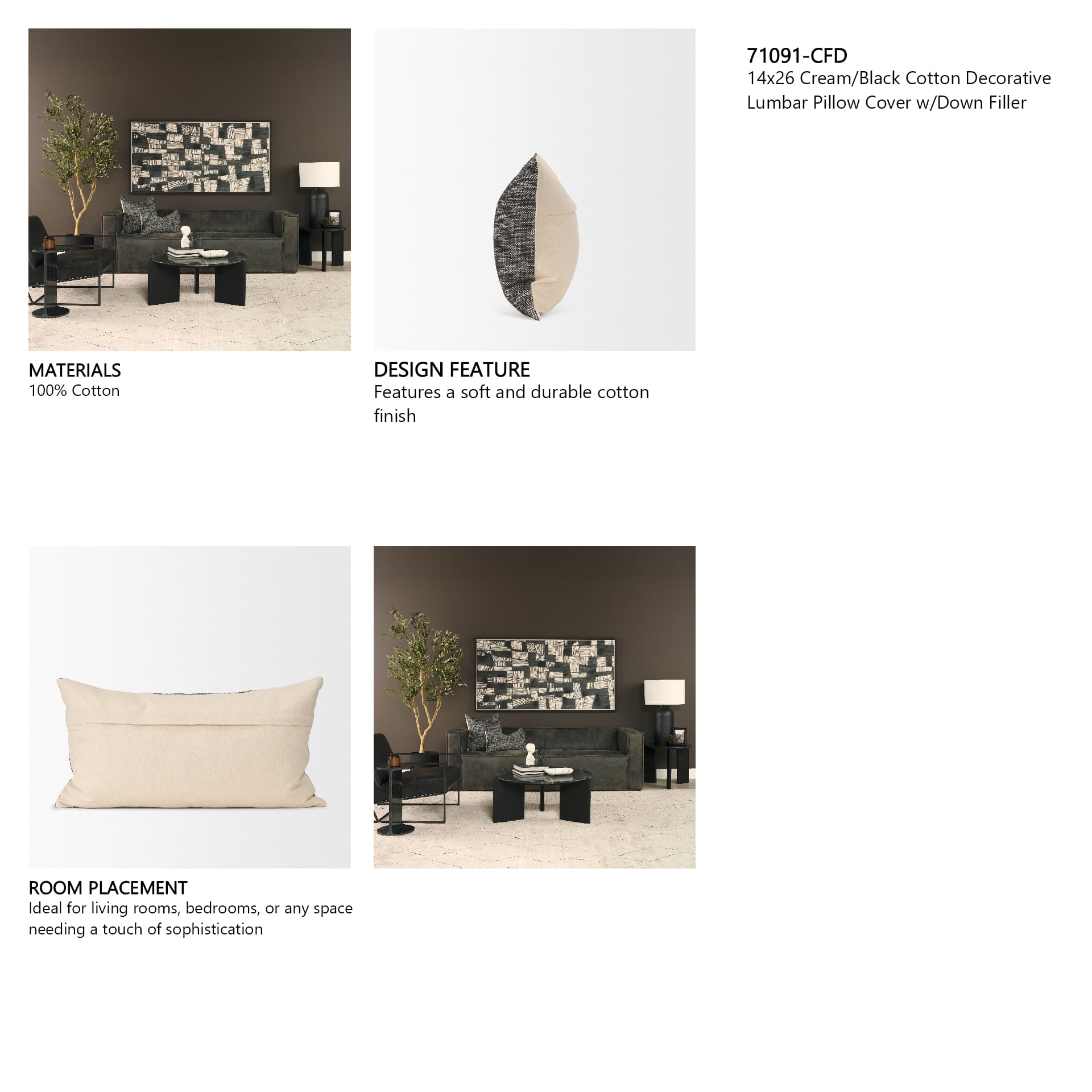 Jalia 14x26 Cream/Black Cotton Decorative Lumbar Pillow Cover w/Down Filler — in a styled room