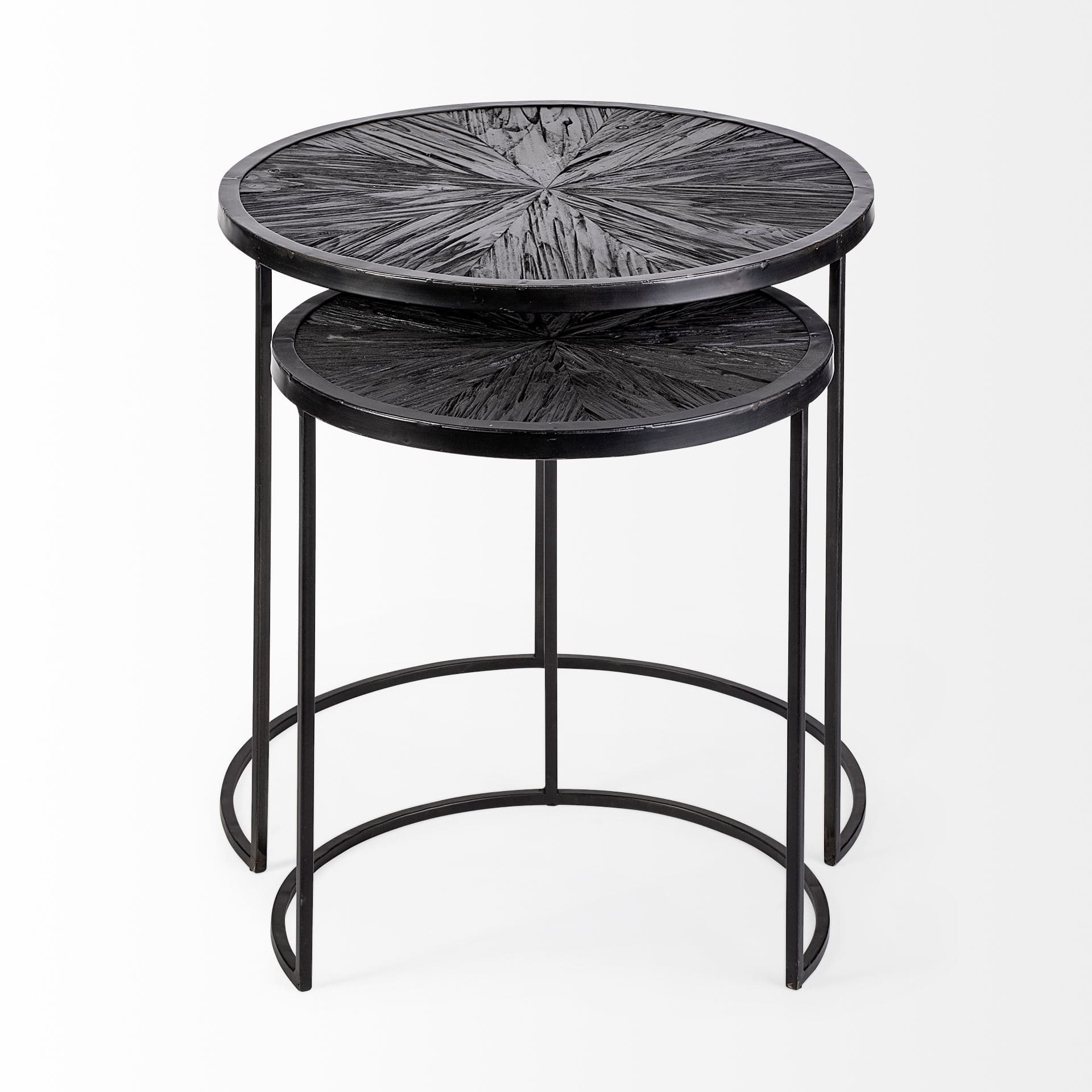 Chakra 19.7" Set of Two Round Dark Wood Top Black Frame Accent Tables — product photograph