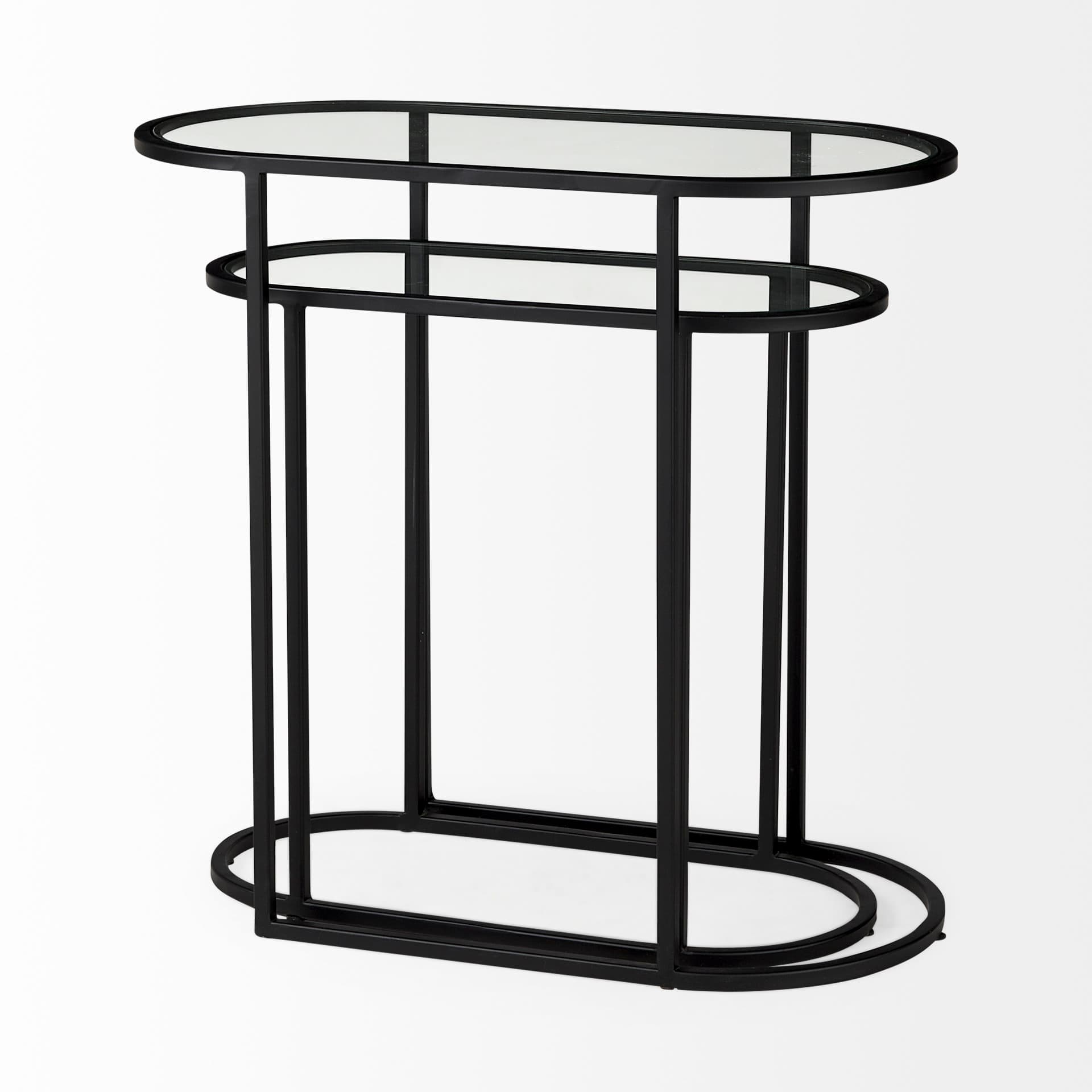 Celine 24.2 L x 12.6 W x 22.4 H Set of Two Black/Silver Metal and Glass Nesting Accent Tables — product photograph