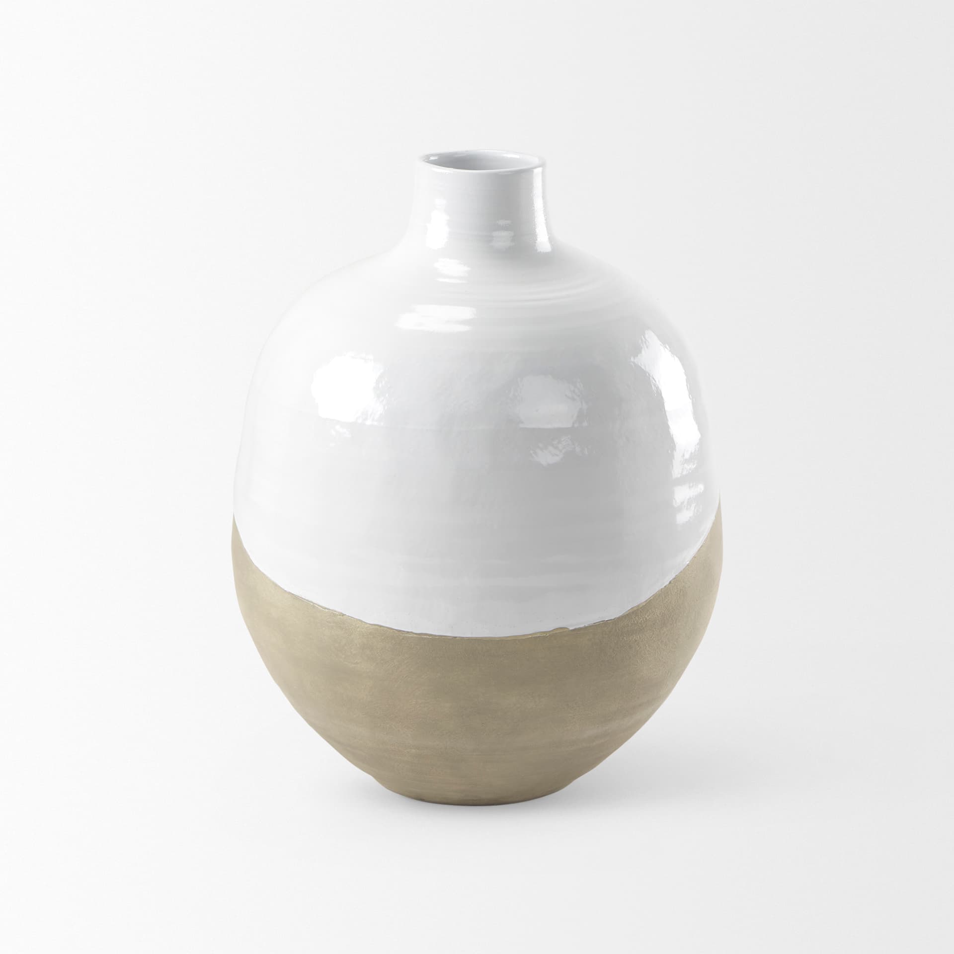 Amos 18.5L x 18.5W x 24.4H White and Dark Beige Color Blocked Ceramic Floor Vase — product photograph