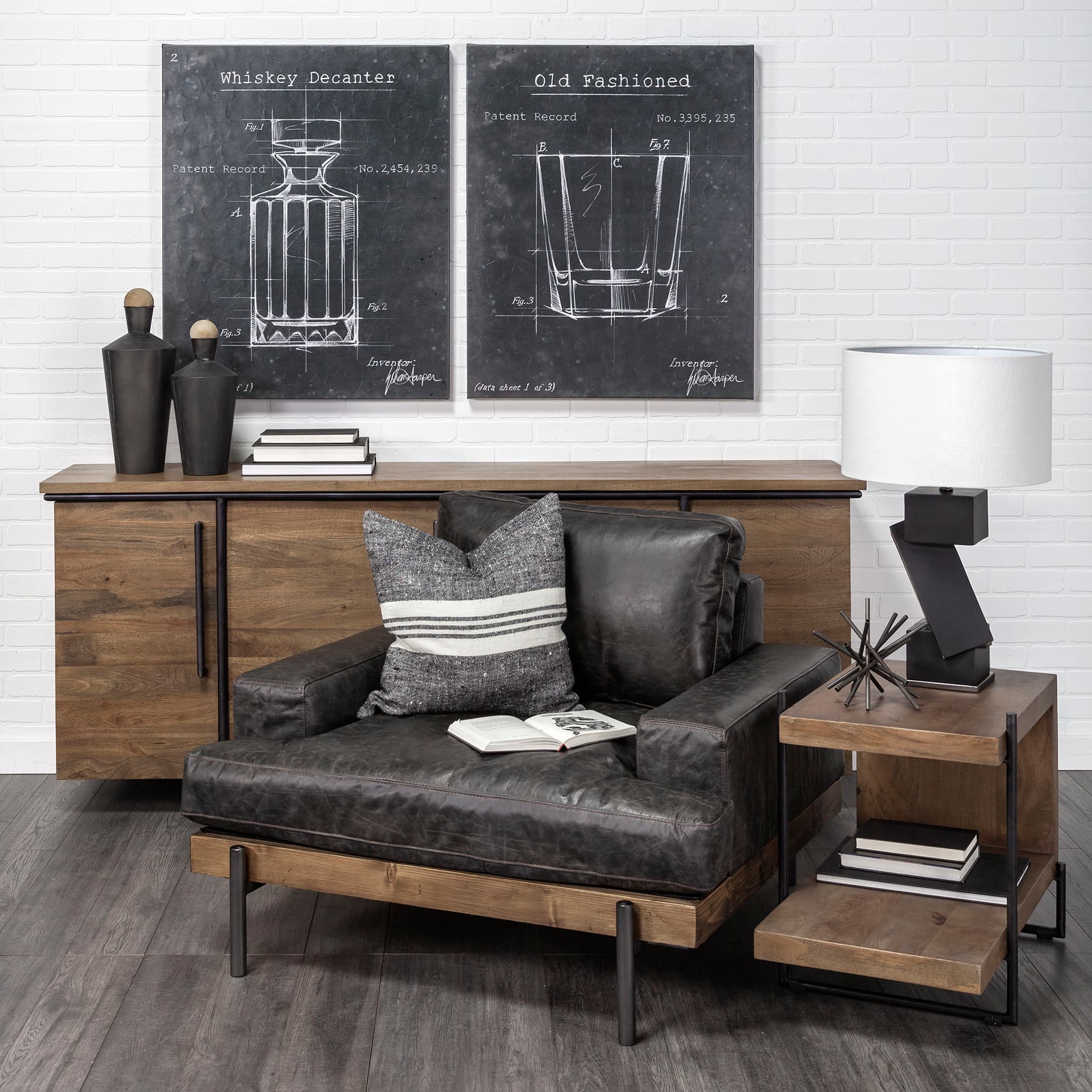 Maddox 30L x 18W x 22H Medium Brown Wood w/ Black Metal U-shaped End/Side Table — in a styled room
