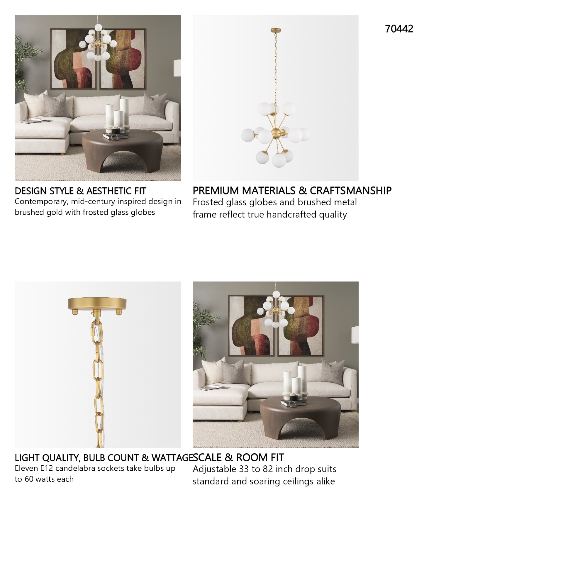 Barbara Brushed Gold Metal w/ Frosted Glass Globes 11-Light Chandelier — in a styled room