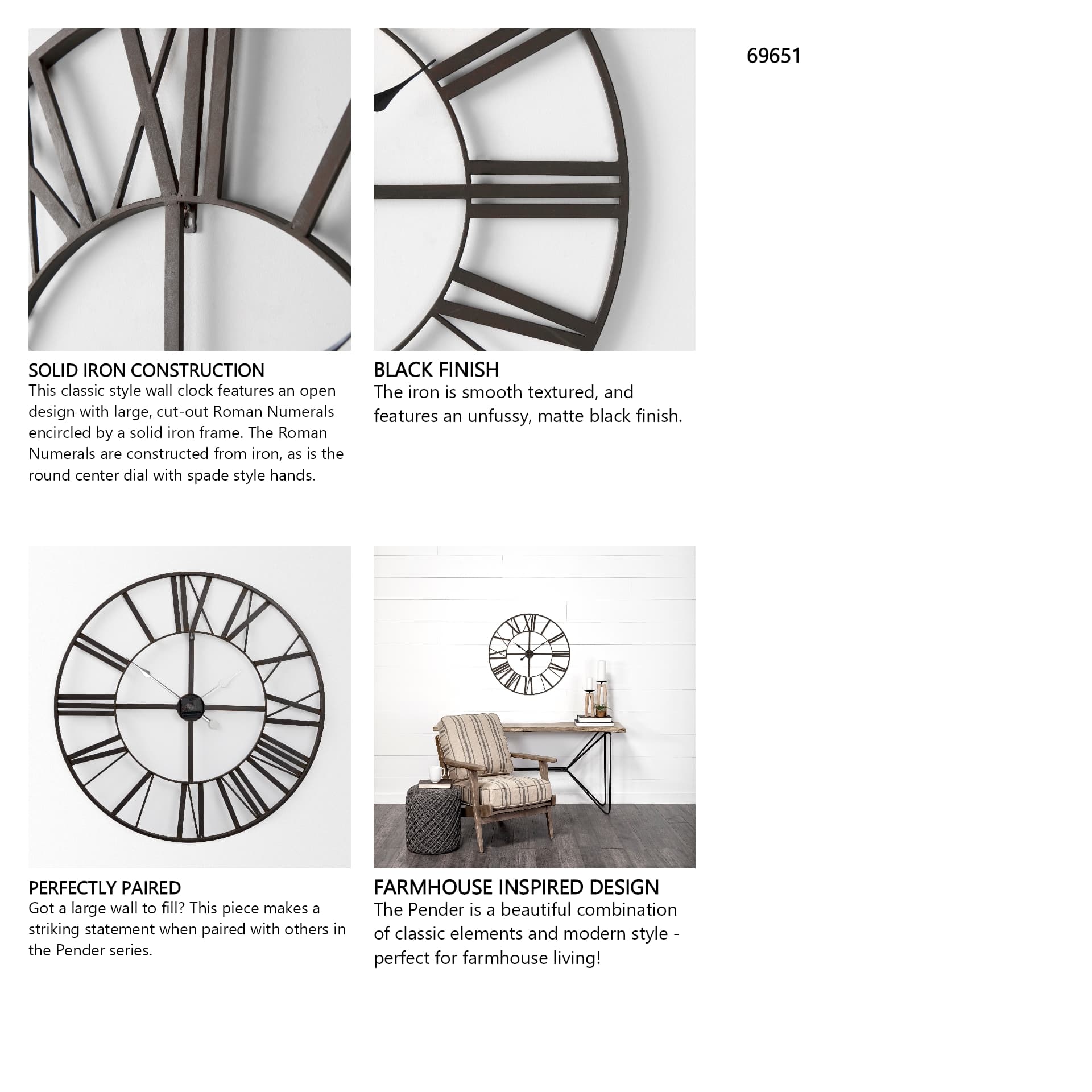 Pender 29.9L x 1.8W x 29.9H Black Iron Round Wall Clock — in a styled room