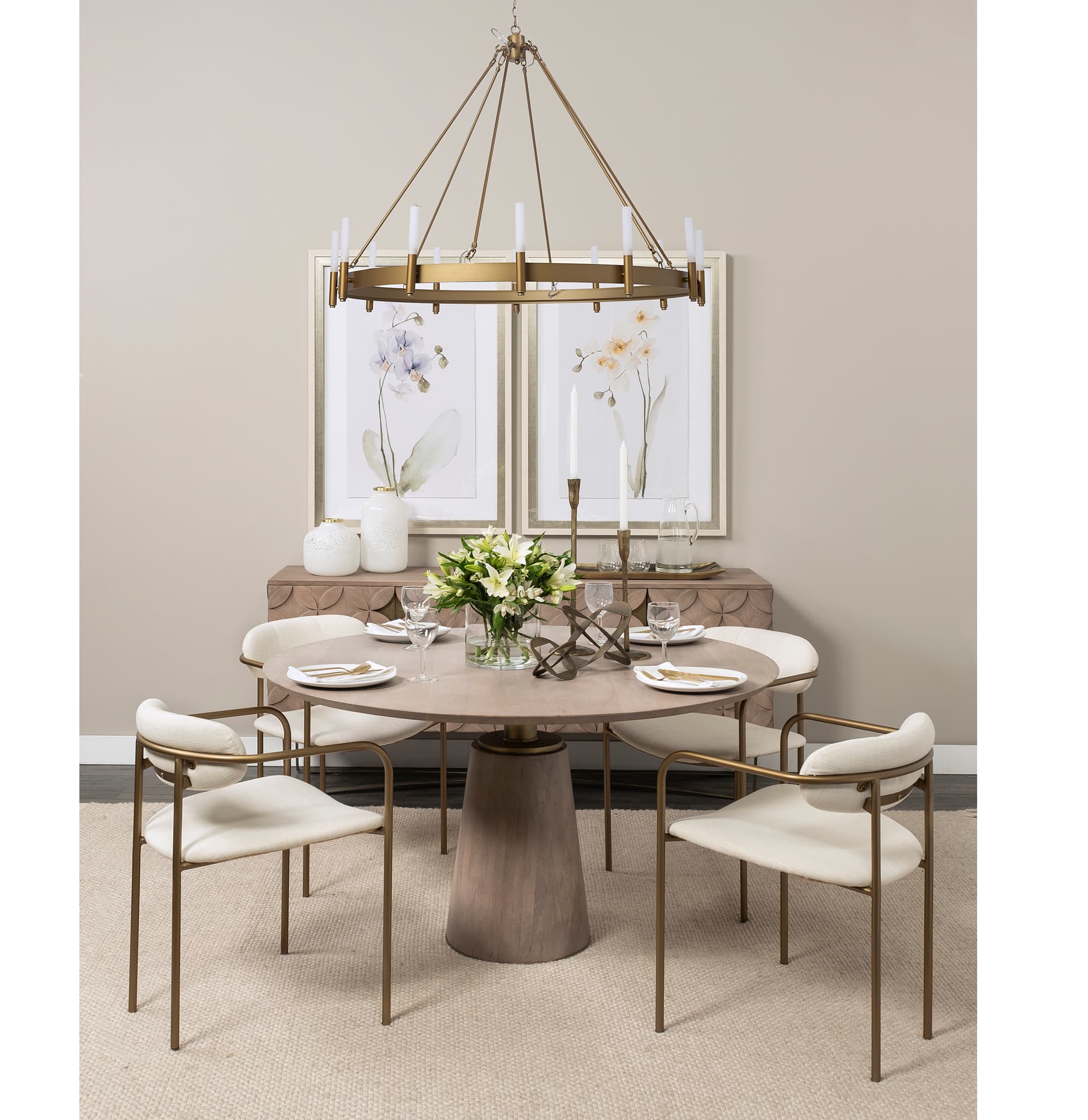 Parker Curved Back Dining Arm Chair | Cream Fabric w/ Gold Metal — product photograph