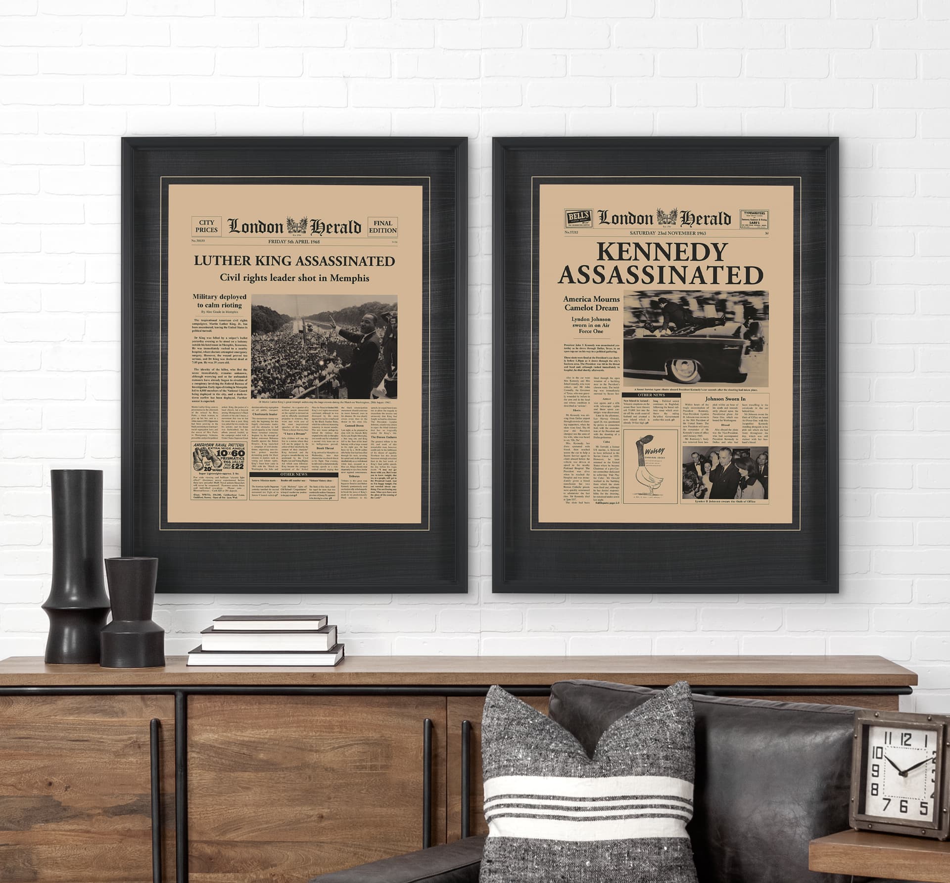 Kennedy Assassinated by Vintage Collection Hand Embellished Framed Art Photo Matted under Glass — in a styled room