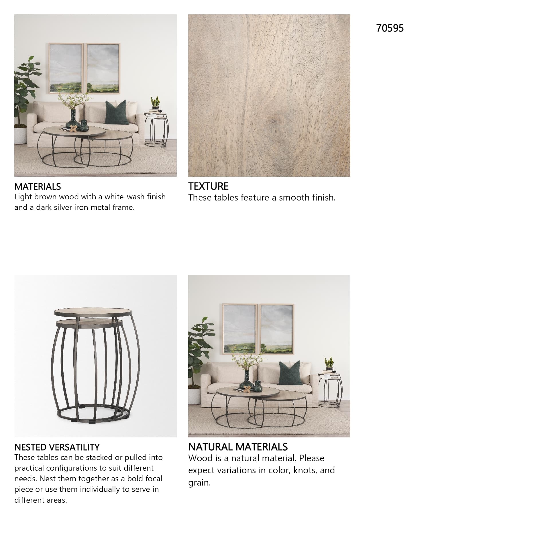 Clapp Round Light Brown W/ White Wash Wood and Silver Metal Nesting Accent Tables (Set of 2) — in a styled room
