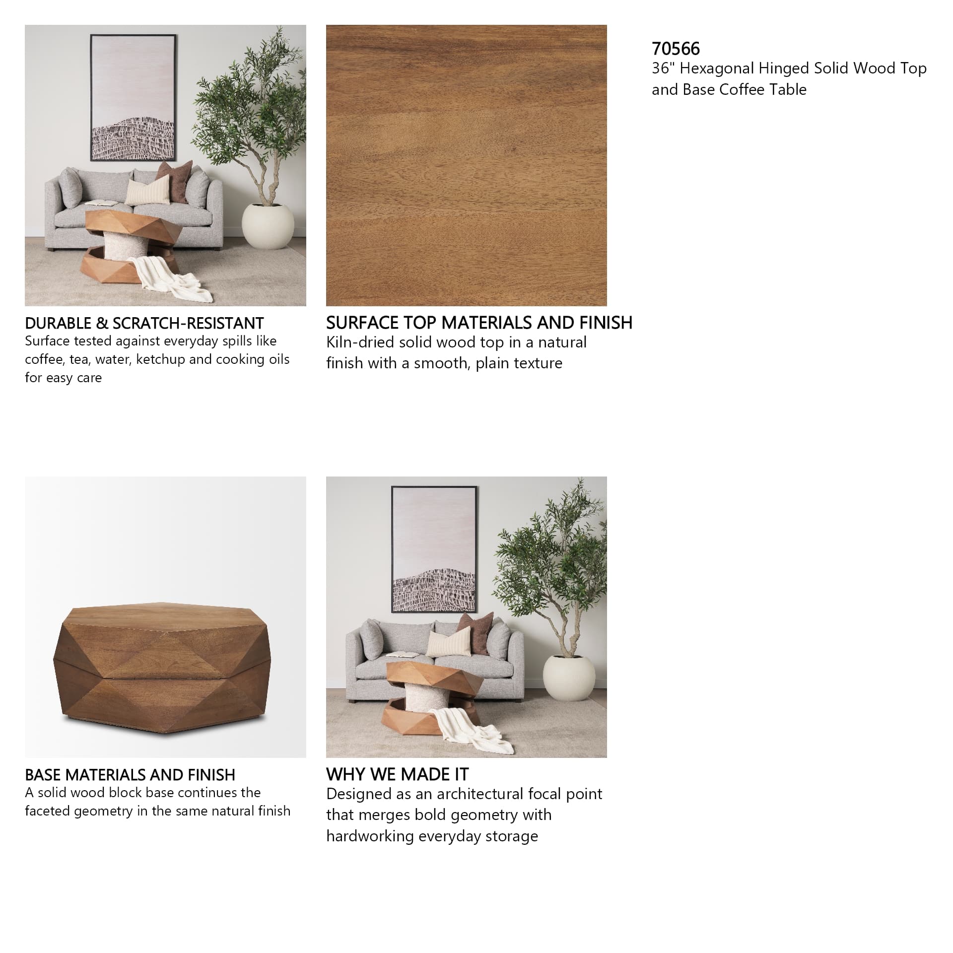 Arreto 36" Hexagonal Hinged Solid Wood Top and Base Coffee Table — in a styled room