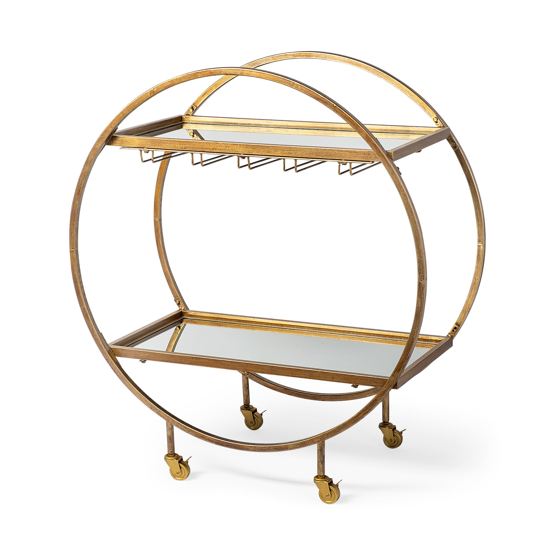 Carola Gold Frame Two-Tier Glass Shelves w/Stemware Holder Bar Cart — product photograph